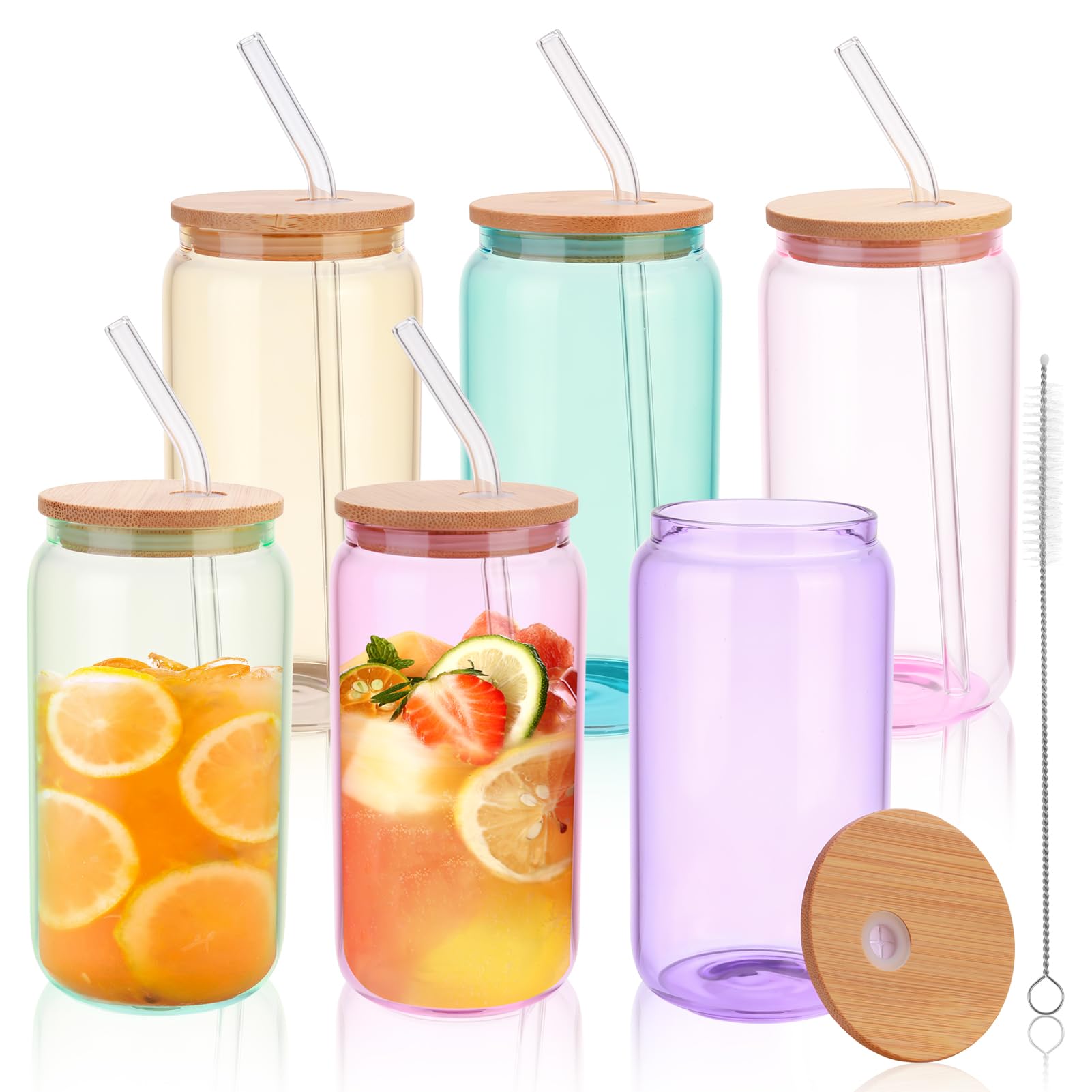 6 Sztuk Szklanek z Pokrywką i Słomką, 6 Kolorów 550 ml, Szklanki Picia z Pokrywką, Kubki Bubble Tea, Szklanki do Smoothie w Kształcie puszki, Mrożonej Kawy, Koktajli