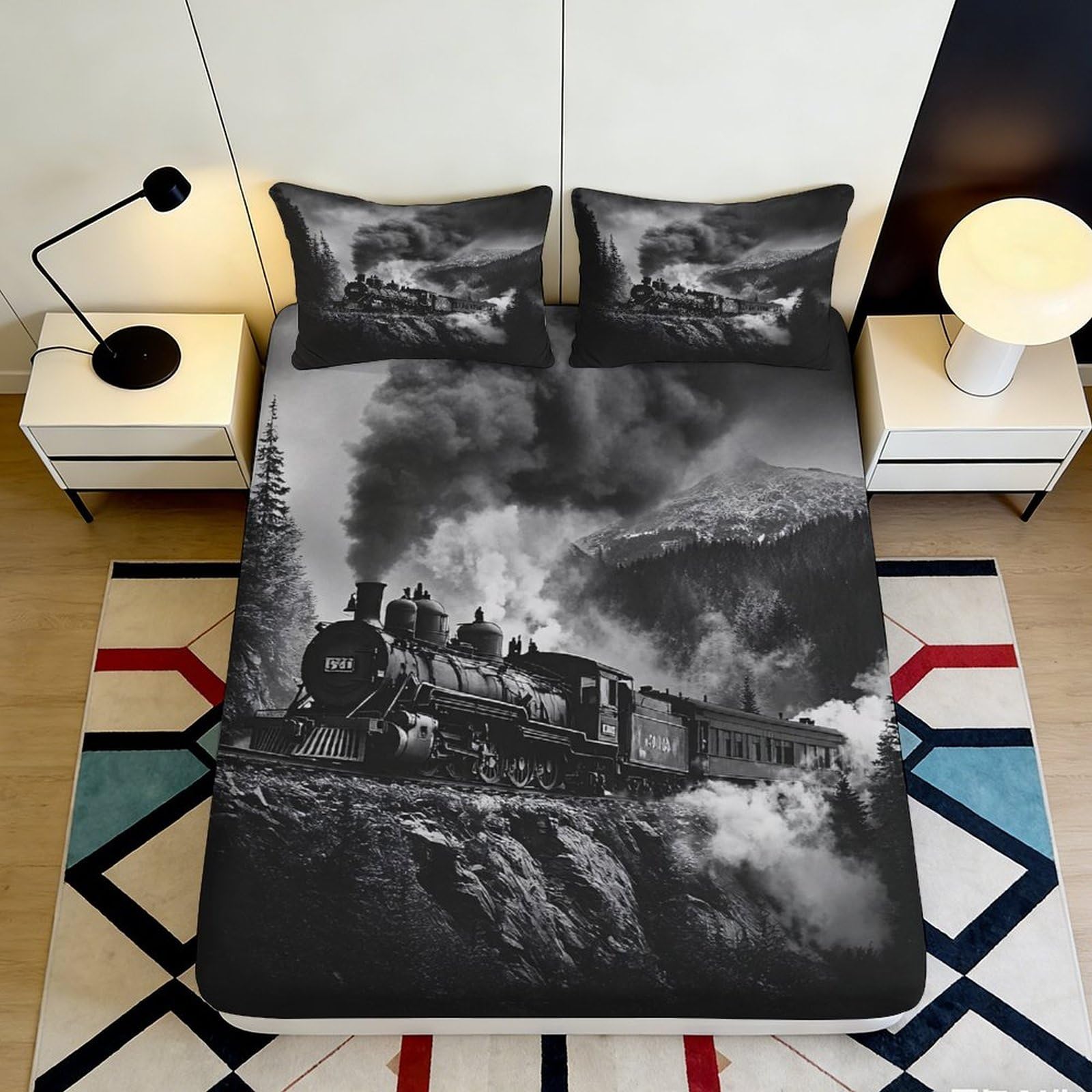 3D Printed steam train fitted sheet with black white vintage locomotive, soft touch microfiber, wrinkle resistant, guest room bedding, anti-slip, easy care, decor accent, home use, 115 90x200x25cm