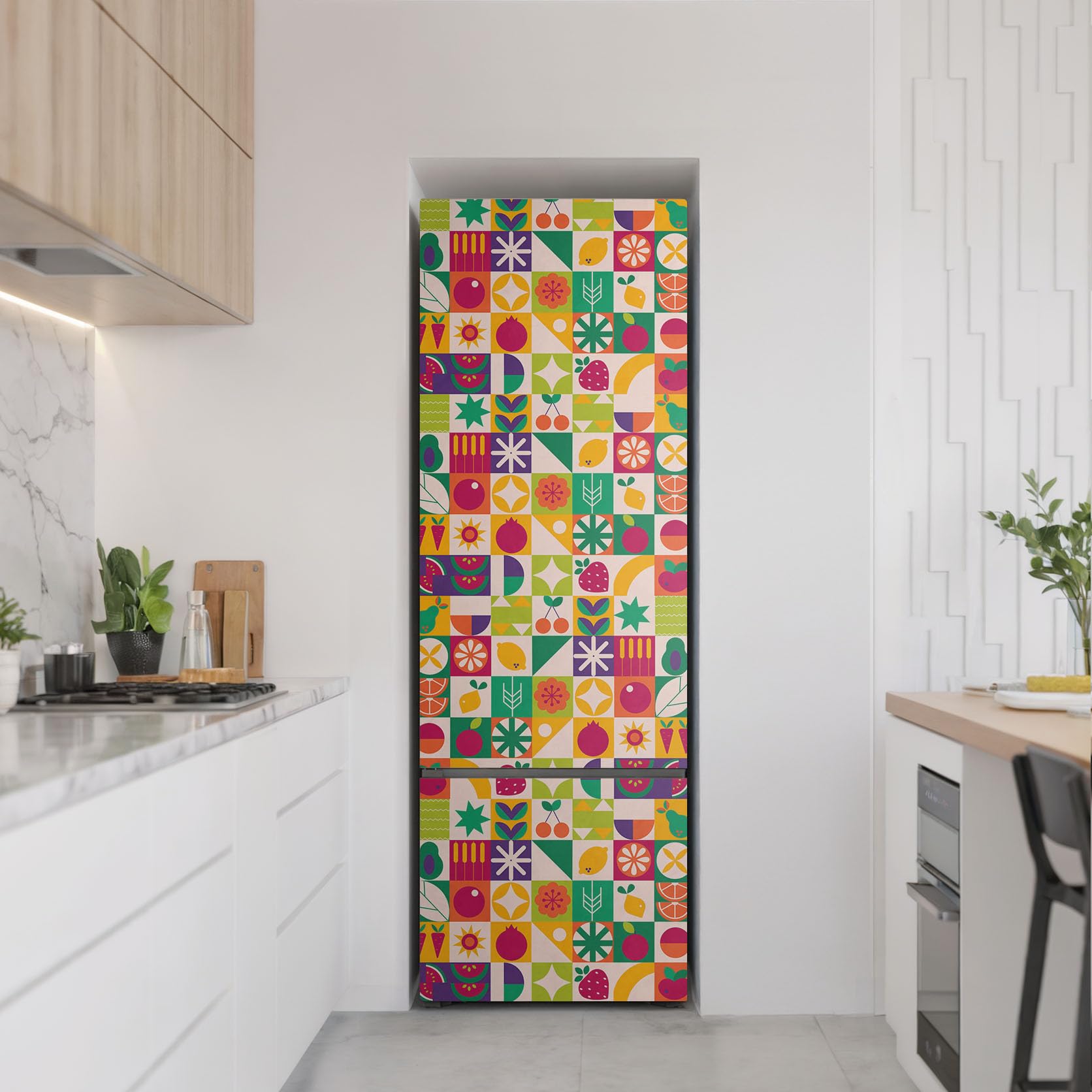 Klebefolie für den Kühlschrank 60x180 cm für Küche Kühlschrankfolie Matt Dekoration in vielen Designs Schutz vor Beschädigungen Selbstklebend Dekorfolie - Buntes Muster mit Früchten