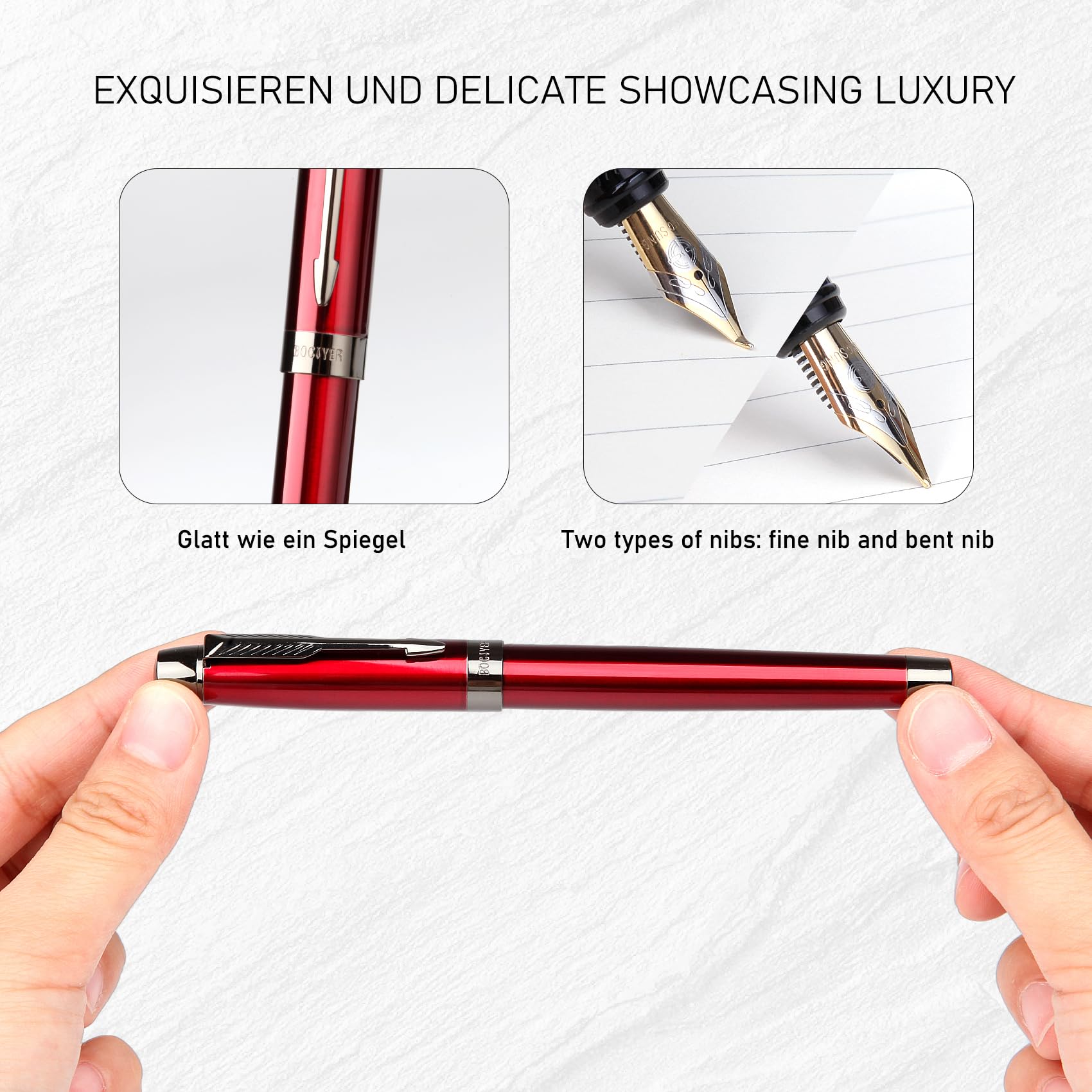 Klassisches Rot Füllfederhalter-set,Mittlere Feder Und Kalligraphie Feder(Breit),Jede Feder hat ihr eigenes,unabhängiges Tintenzufuhrsystem,Inklusive 8 Tintenpatronen,Geschenkbox