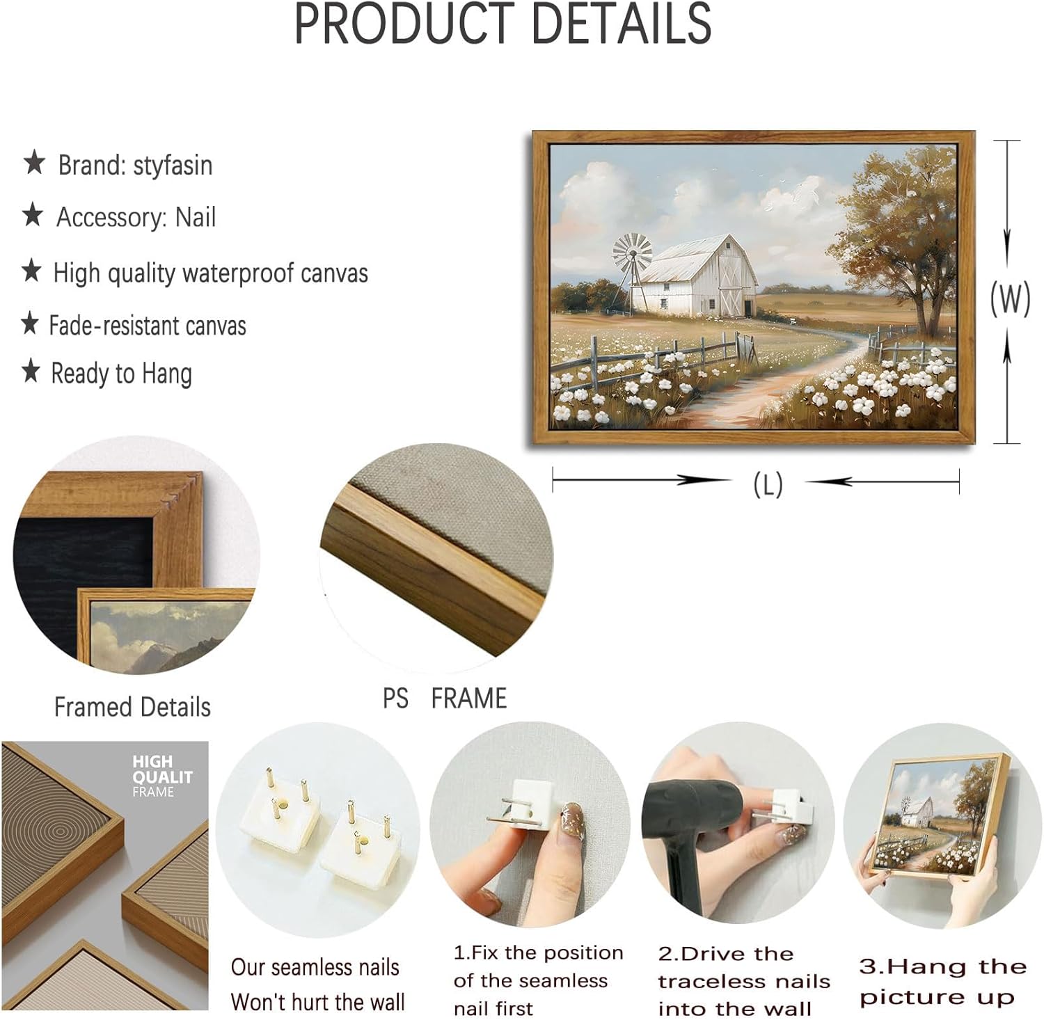 Framed Barn Canvas Wall Art Farmhouse Rustic Decor Pictures Farm Windmill Countryside Nature Field Meadow Flower Posters Prints for Home Decoration Bathroom Bedroom Living Room Decoration