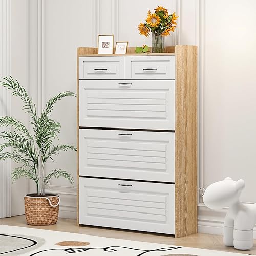 Wekity Gabinete de almacenamiento de zapatos de madera con cajones abatibles de 3 niveles y 2 cajones deslizantes, organizador de almacenamiento de