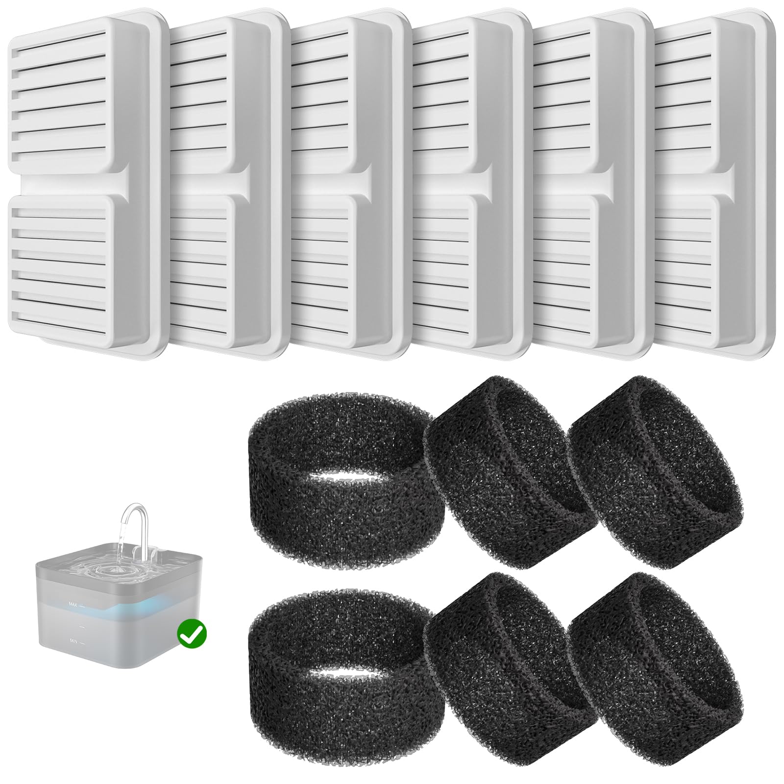 PawPoll Filter für Katzenbrunnen, 6 Stück Filter + 6 Stück Schaumstofffilter für Trinkbrunnen für Katze