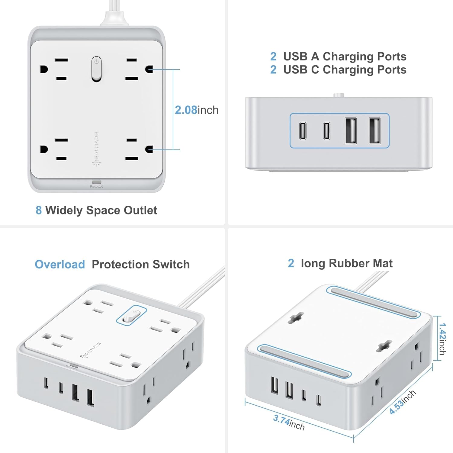 Flat Plug Extension Cord, 12-in-1 Extension Cord with USB Ports with 5Ft Extension Cord, Flat Outlet Extender with 8 AC Outlets 2 USB-A and 2 USB-C, Flat Wall for Desktop Home Office
