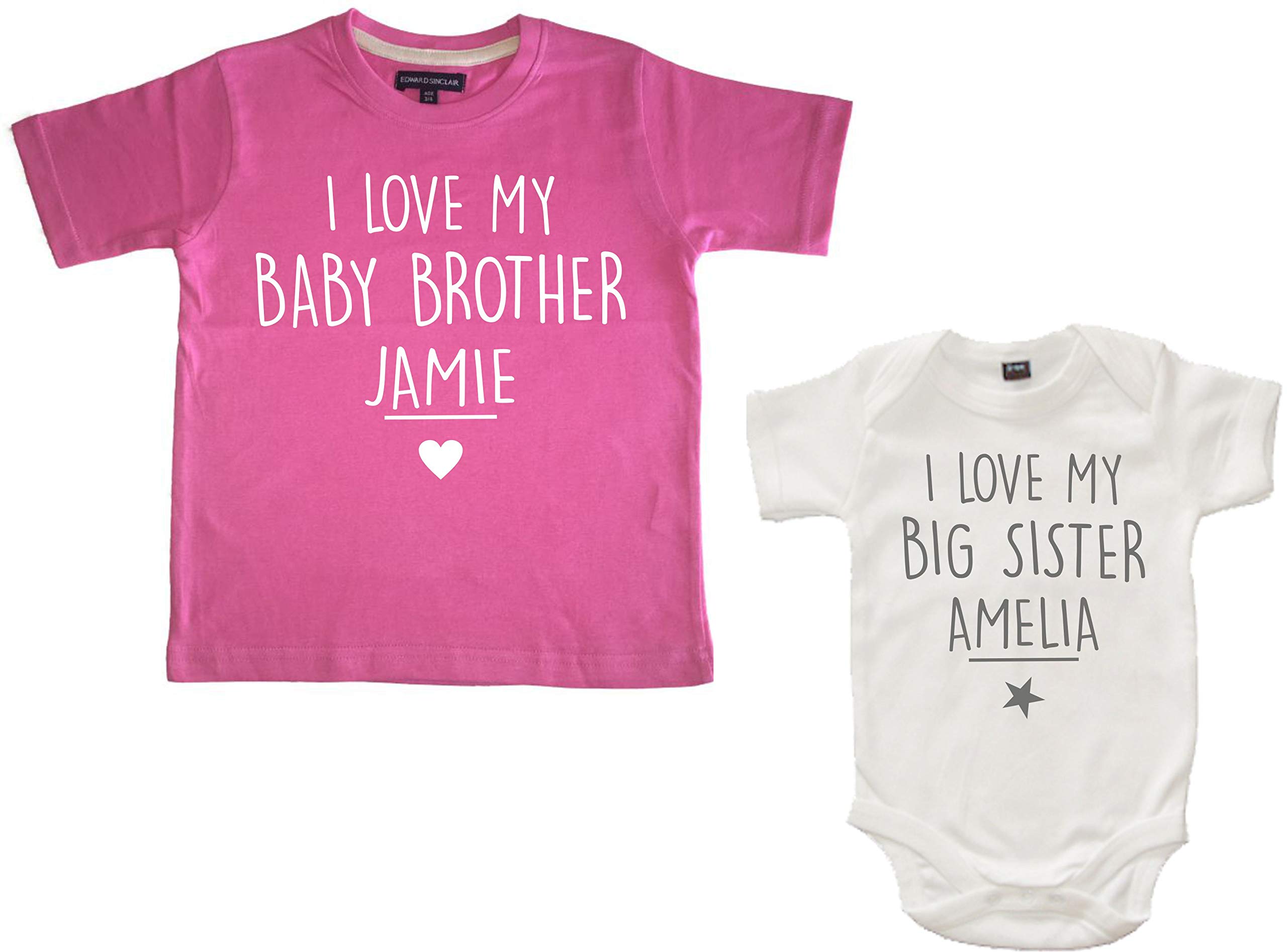 Edward Sinclair Personalisierbares T-Shirt mit Aufschrift "I Love My Baby Brother", Bubblegum Pink und weißer Body mit Aufschrift "I Love My Big Sister", Geschenk-Set mit Ihrem Namen