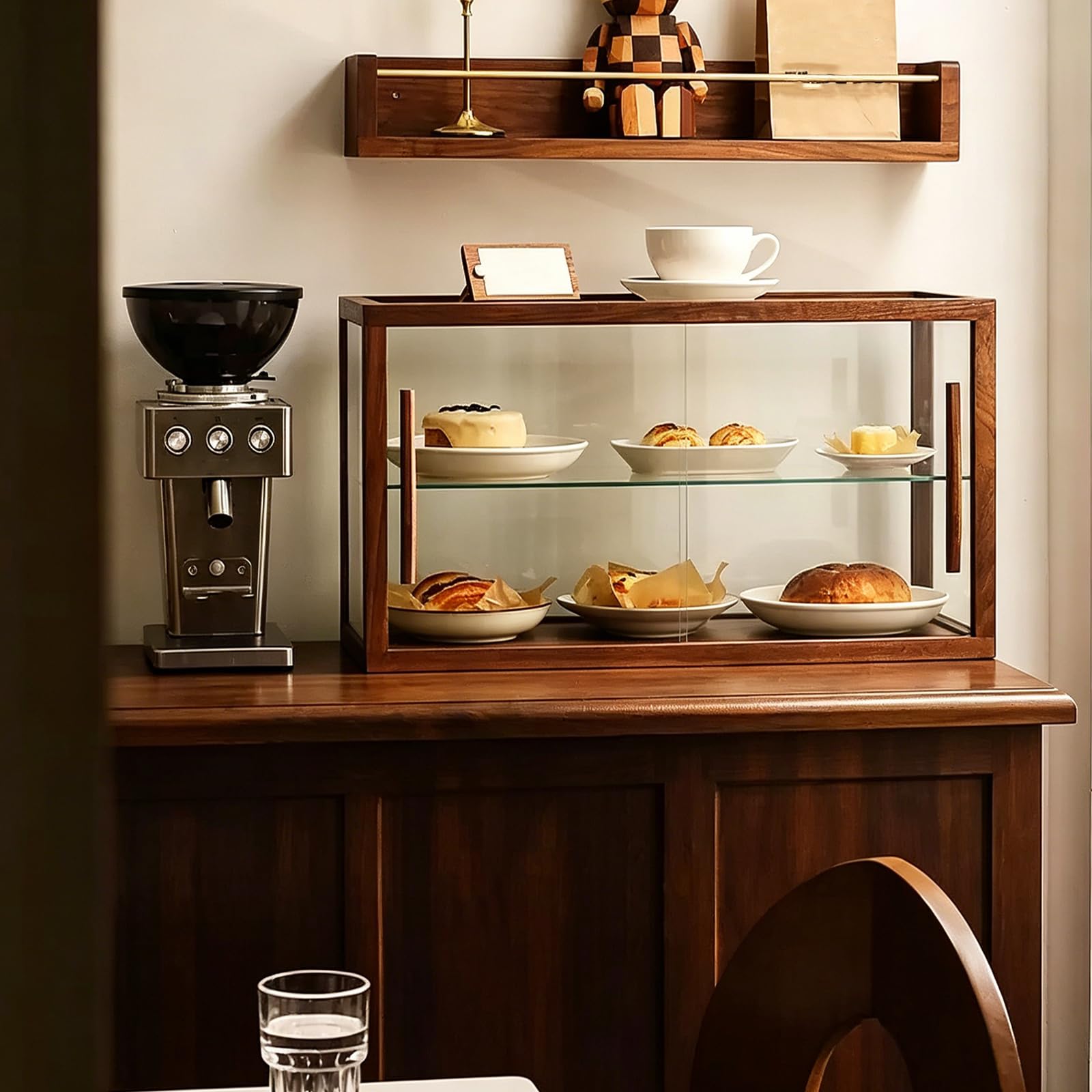 Vitrina de Panadería, Vitrina de Pastelería con Encimera de Puerta Corrediza de Vidrio de 5 Lados, Vitrina de Madera para Postres Magdalenas Galletas Y Donas para Panadería Cafeter cherry wood single