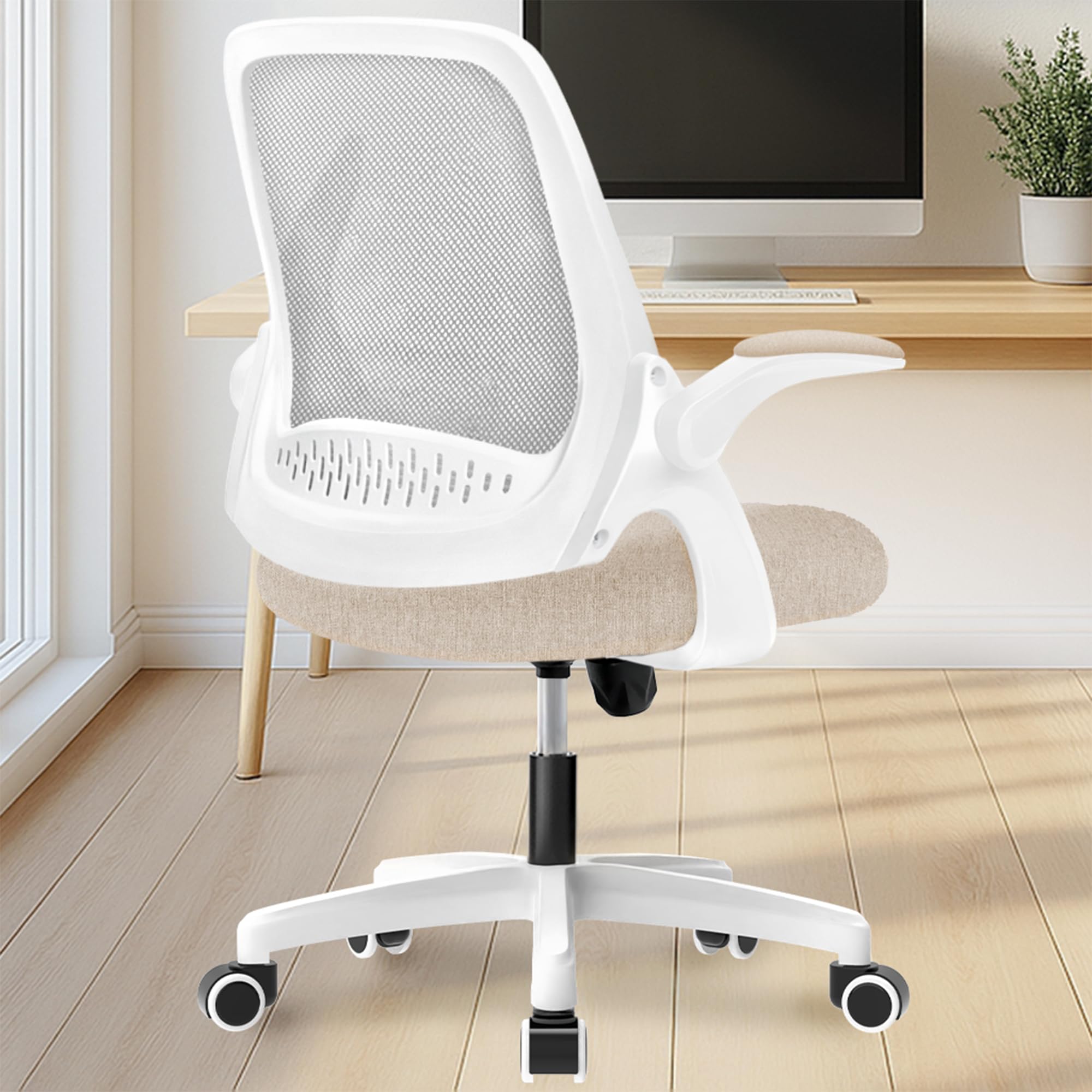 NEO CHAIR Office Desk Computer Gaming Ergonomic Chair with Lumbar Back Support Adjustable Height Swivel Wheels Flip-up Arms Mesh Chair for Home or Office (Beige)