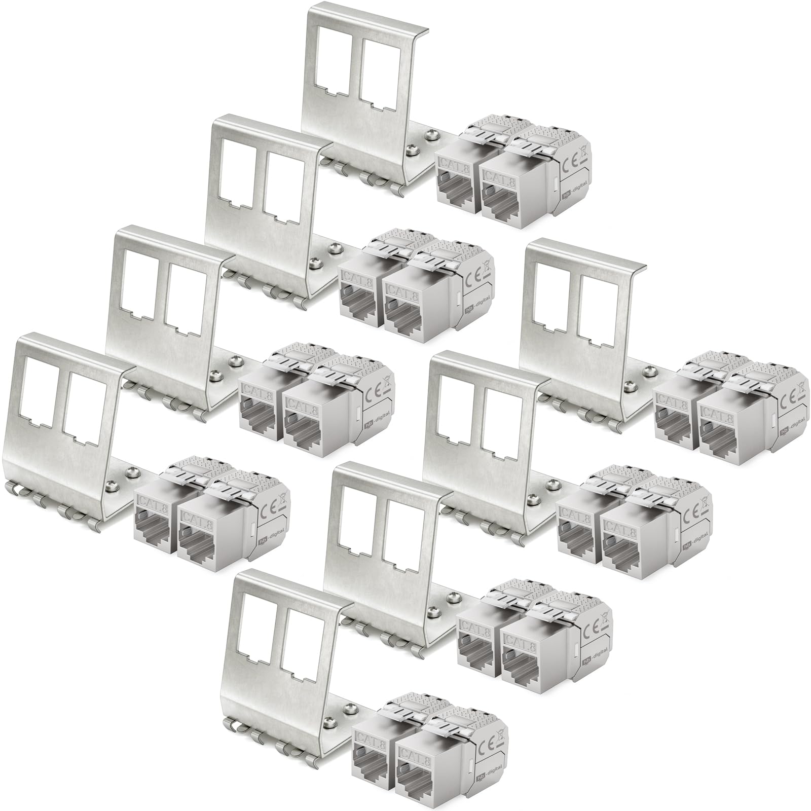 hb-digital Juego de 16 módulos Keystone RJ45 CAT.8 + 8 adaptadores de riel de metal Keystone para riel de sombrero, 35 mm estándar, conector RJ45 apantallado, acero inoxidable LSA, montaje Ethernet