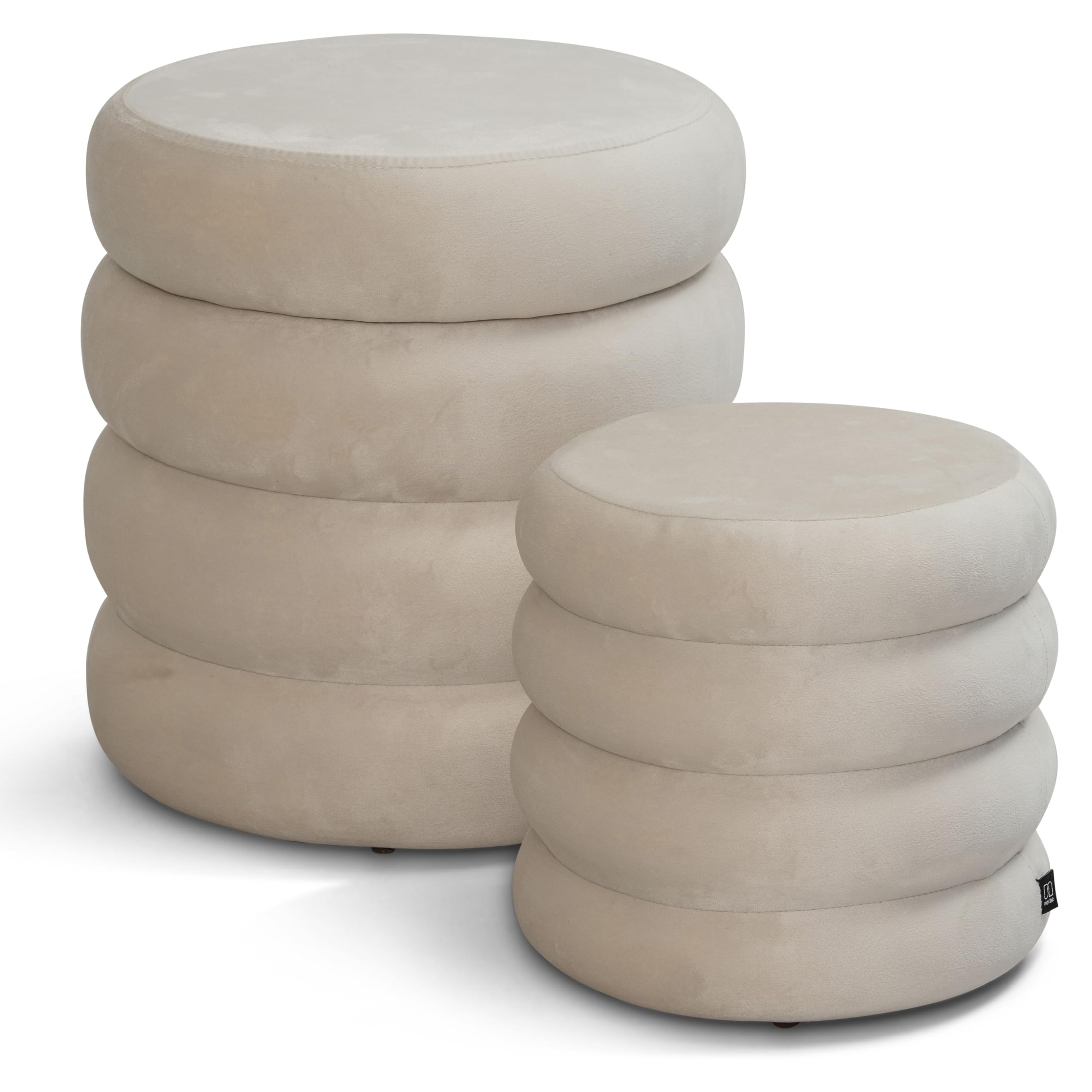 Norbe | Set di 2 Pouf | Contenitore in Velluto | Sgabello Marshmallow | Poggiapiedi imbottito Scrivania | Toeletta | Poltroncina Bimbi Da Camera e Salotto Comodino poltrona (Bianco Panna, Set 2 Pouf)