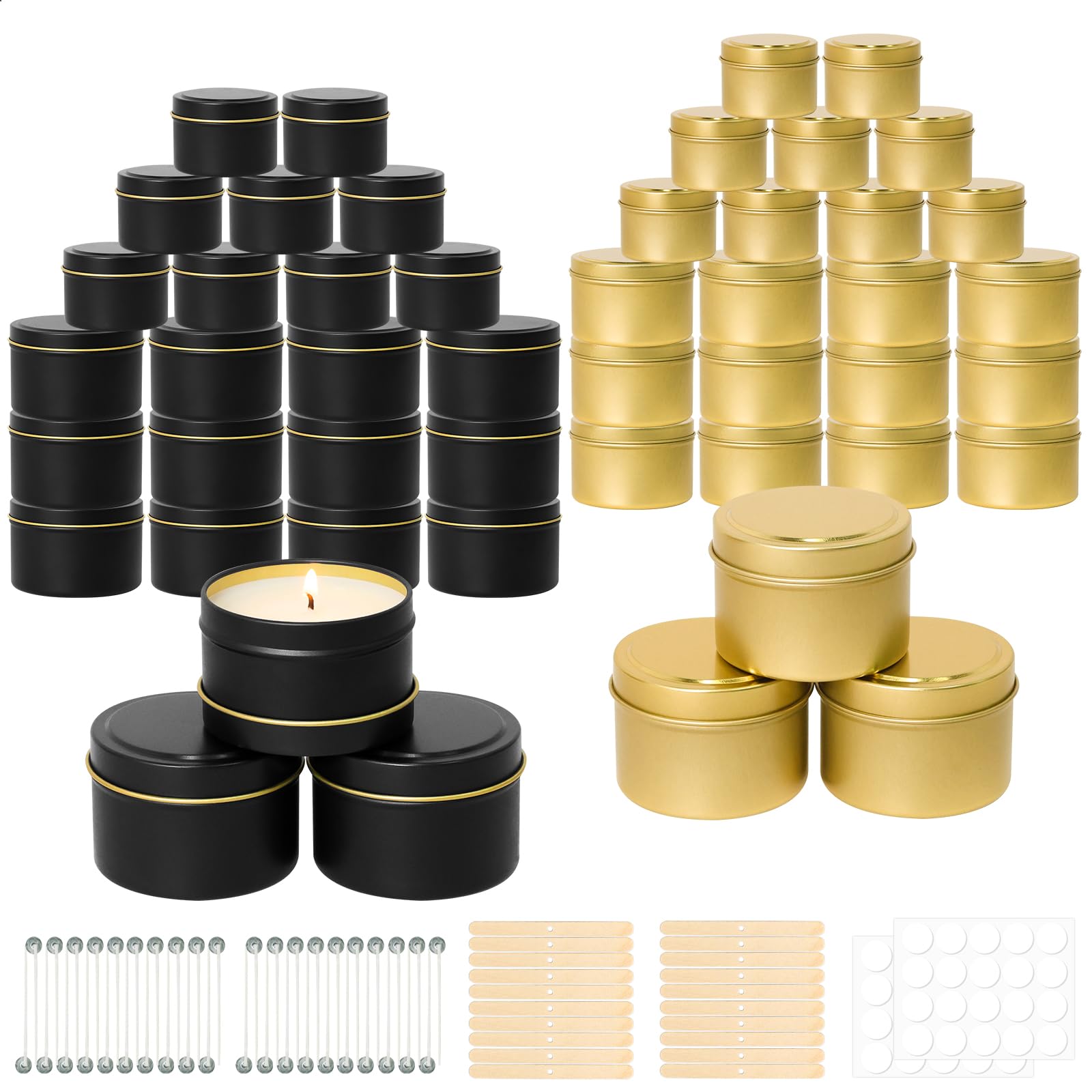 SUPMIND - Paquete de 48 latas para velas, 24 unidades de 8 oz y 24 unidades de 4 oz, recipientes vacíos con tapa, recipientes metálicos para velas a granel, incluye kit de mecha, color negro y dorado
