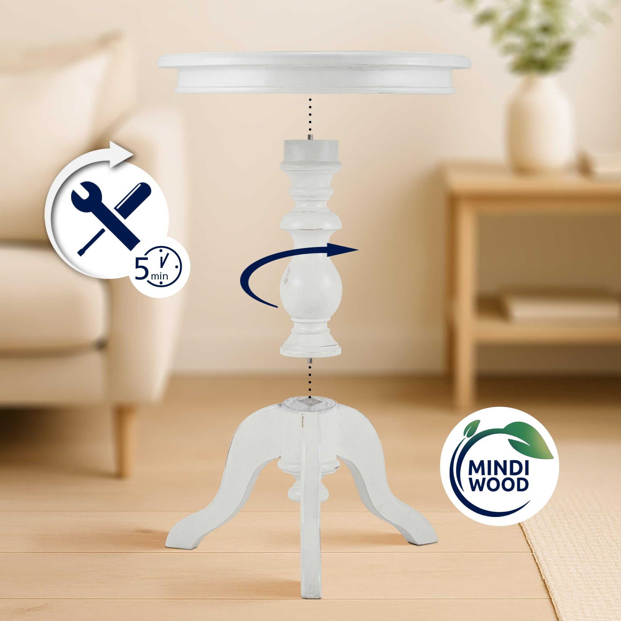 CLP Tavolino rotondo Wiva in legno, tavolino da 50 cm di diametro per soggiorno e sala da pranzo, in legno di Mindiholz di alta qualità, Colore:antico bianco
