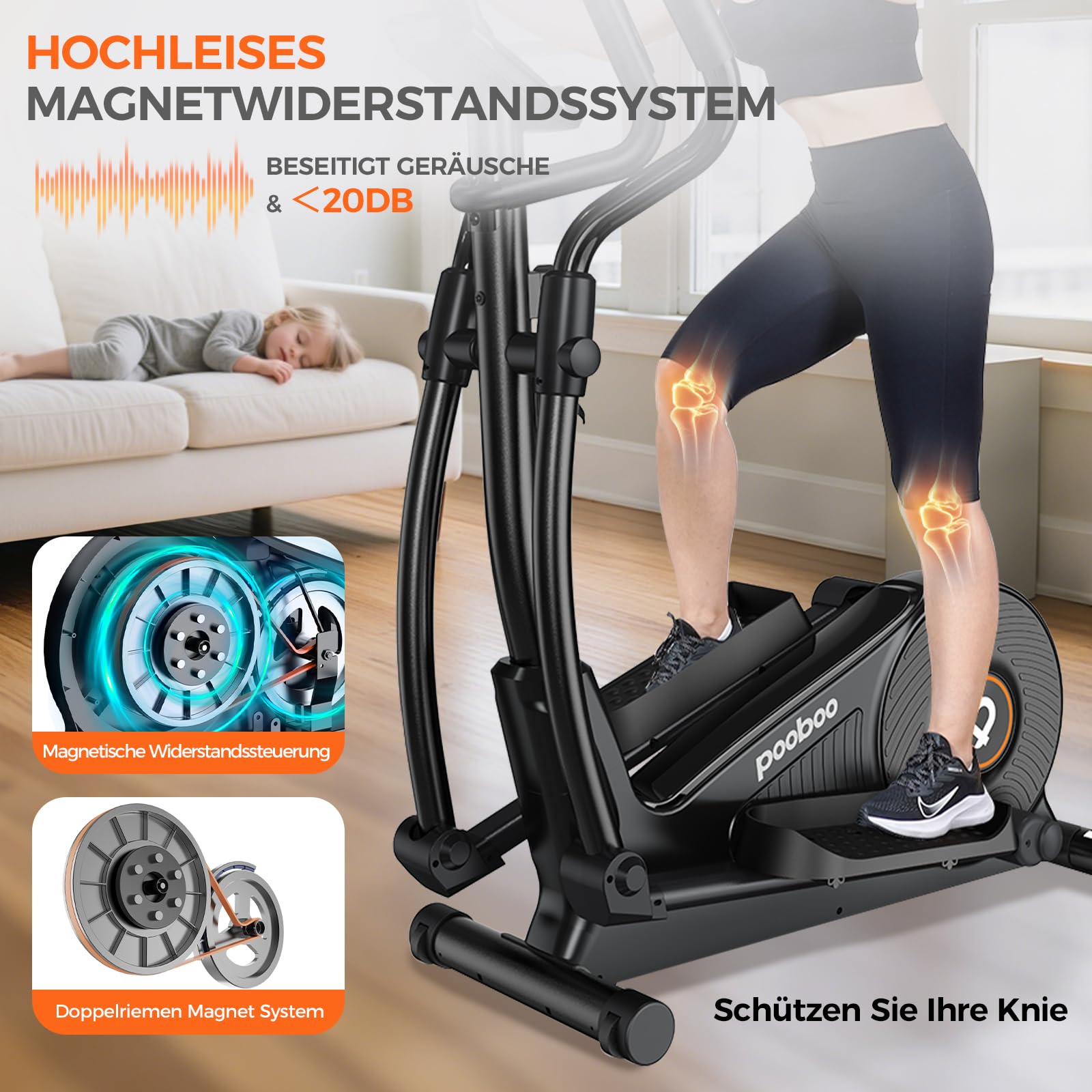pooboo Elliptischer Crosstrainer 16-stufiger Widerstand hyperleises Magnetleitsystem LCD-Monitor 15,5 Zoll Schrittlänge