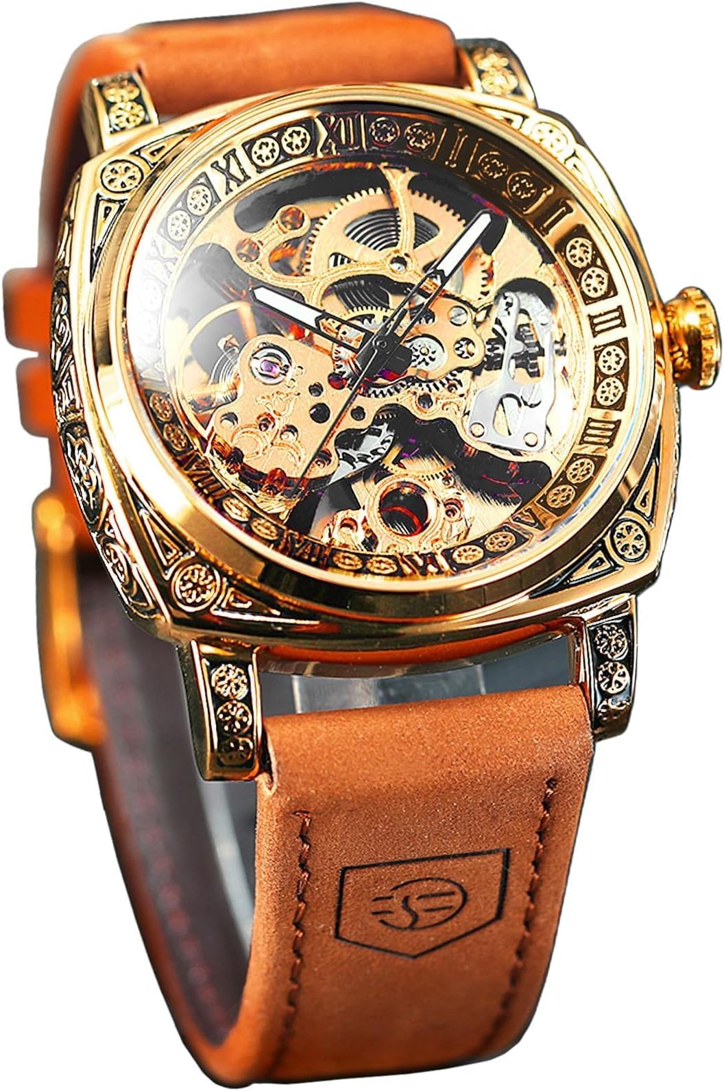 FORSINING Square Luxury Retro Mechanical Watch for Men, Gorgeous Hollow Skeleton Self-Wind Carved Automatic Watches Vintage Leather Strap Wristwatch Silver Dail Black Strap