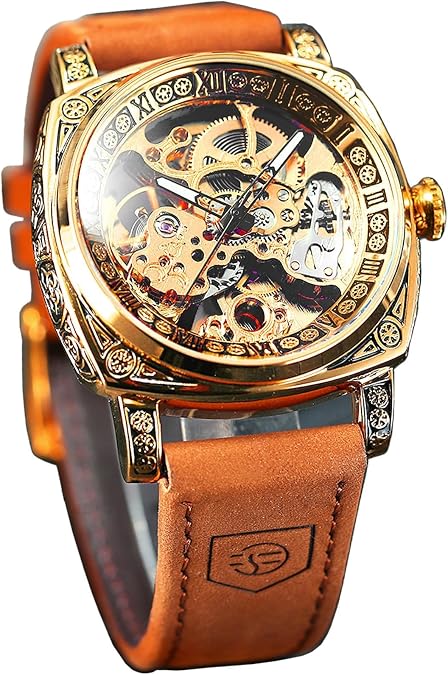 FORSINING Square Luxury Retro Mechanical Watch for Men, Gorgeous Hollow Skeleton Self-Wind Carved Automatic Watches Vintage Leather Strap Wristwatch Silver Dail Black Strap