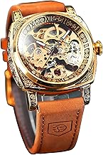 FORSINING Square Luxury Retro Mechanical Watch for Men, Gorgeous Hollow Skeleton Self-Wind Carved Automatic Watches Vintage Leather Strap Wristwatch Silver Dail Black Strap