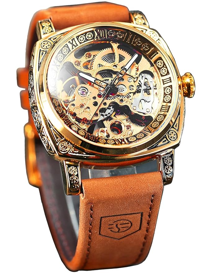 FORSINING Square Luxury Retro Mechanical Watch for Men, Gorgeous Hollow Skeleton Self-Wind Carved Automatic Watches Vintage Leather Strap Wristwatch Silver Dail Black Strap