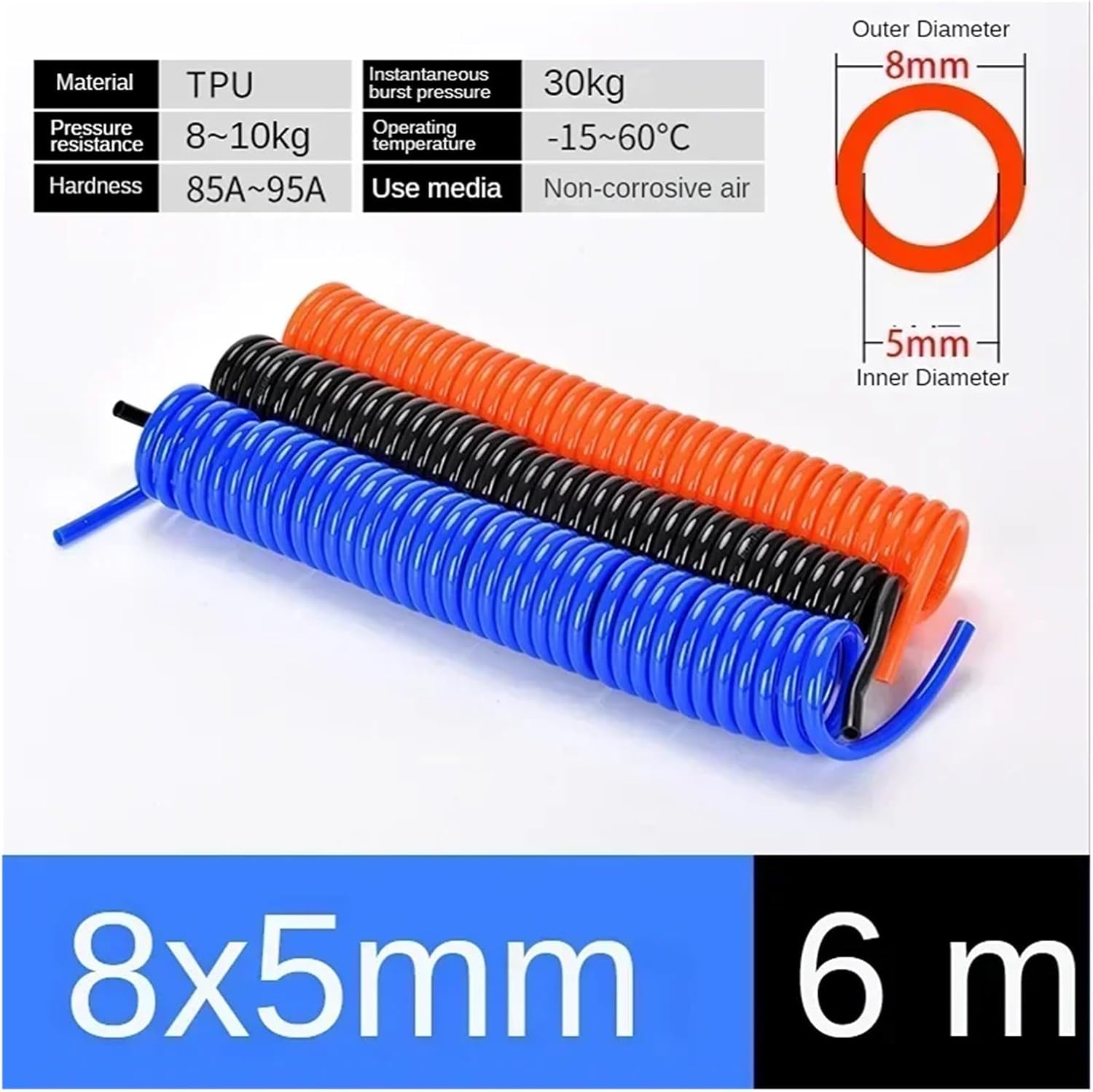 PU Spring Spiral Pipe 6/8/10/12mm Polyurethane Air Compressor Hose Tube With Fitting Flexible Tool Connector(10X6.5MM-12M)