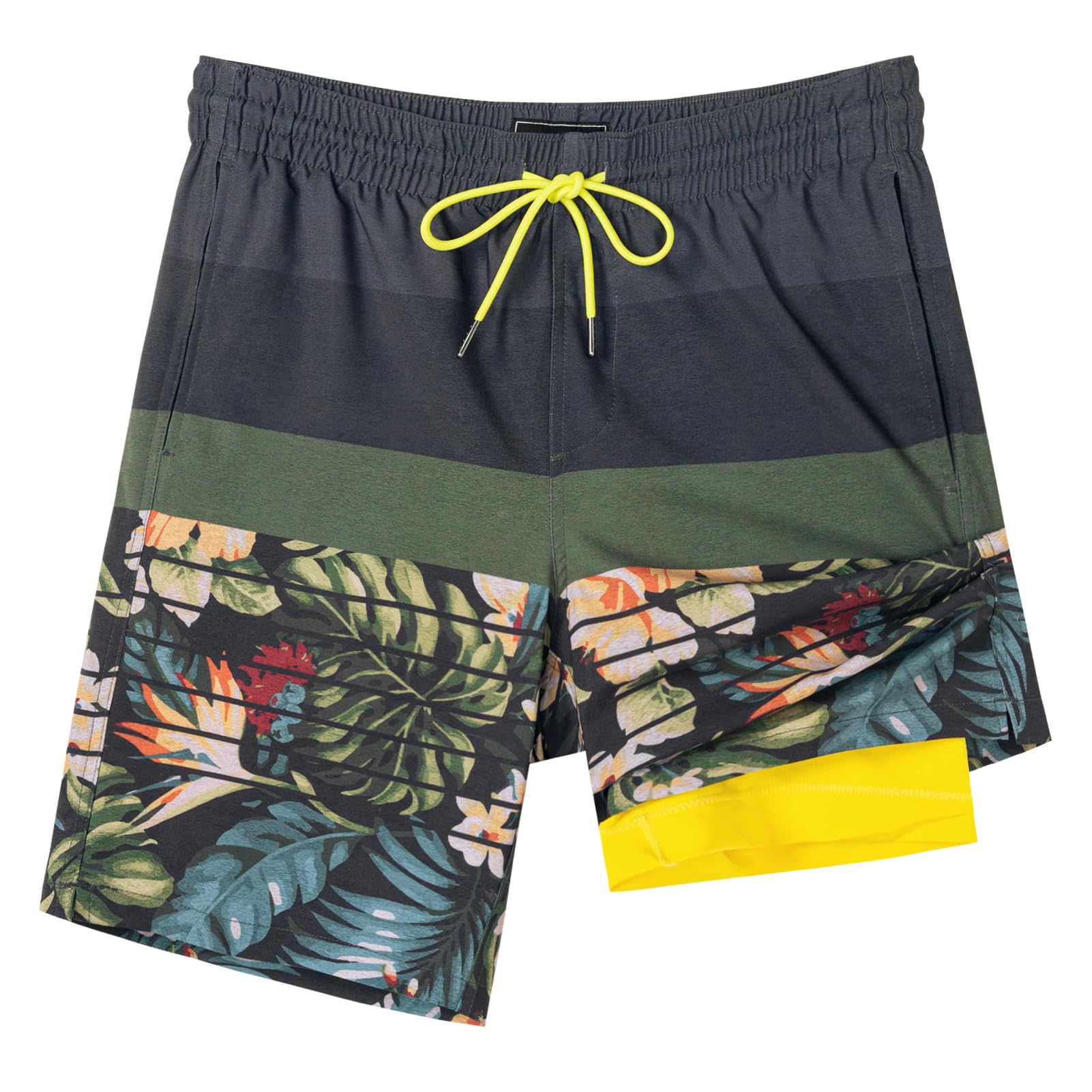 SURF CUZ Mens Swim Trunks with Compression Liner Swimming Shorts 2 in 1 Stretch Quick Dry Zipper Pockets, Forest Bloom|M - Image 2 thumbnail
