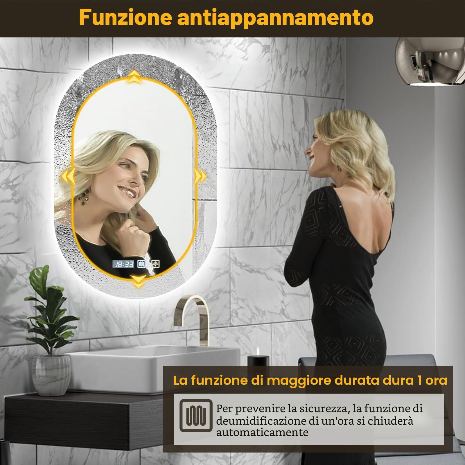 Viugreum Specchio da bagno con illuminazione 50x75cm, Specchio da bagno ovale a LED, Dimmerabile 3 colori della luce, Antiappannamento, Orologio, Interruttore touch, Specchio da bagno LED con