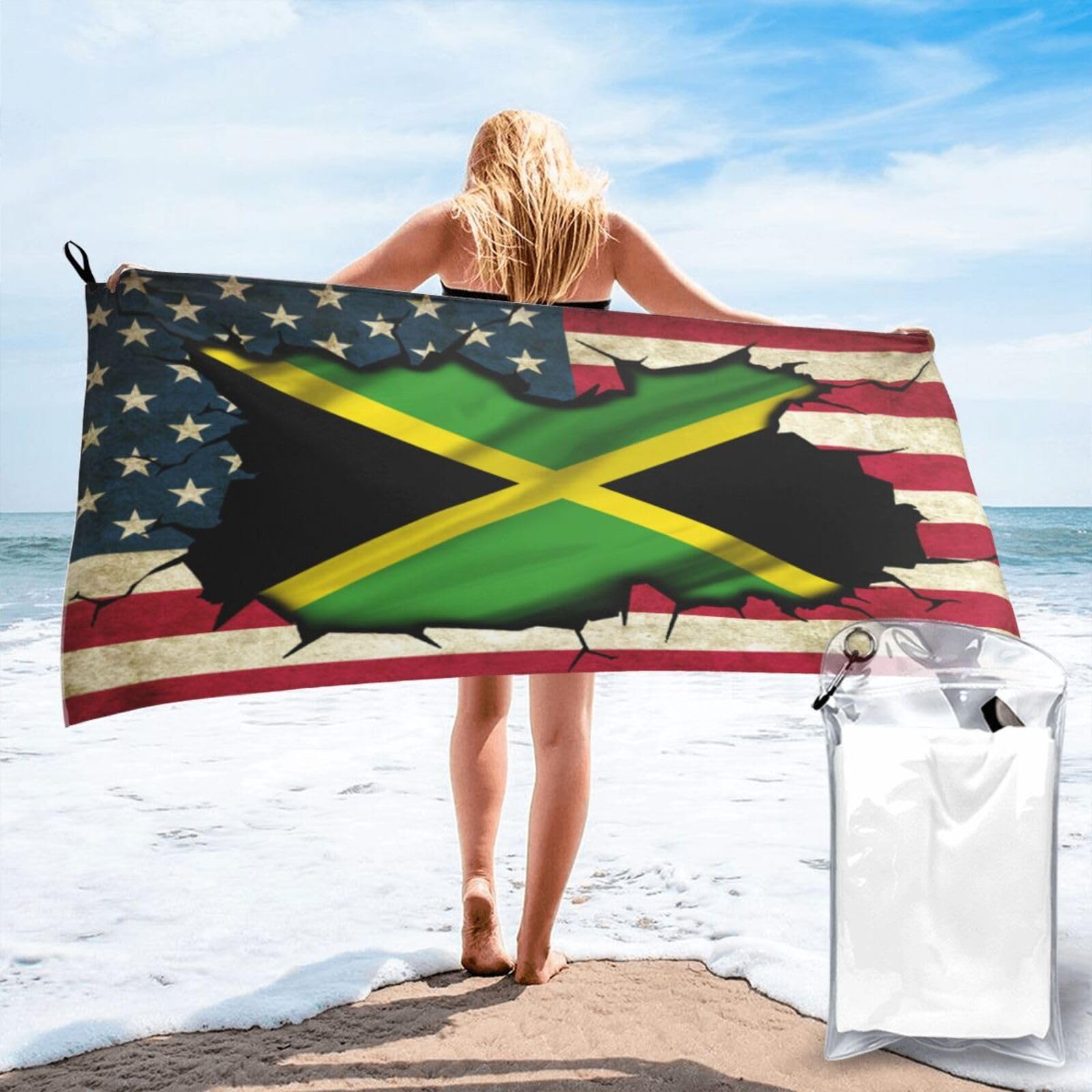 HACXZ Vintage America Flag and Jamaican Flag Absorbent Beach Towel Microfiber Beach Towel Lightweight 31.5"X63"