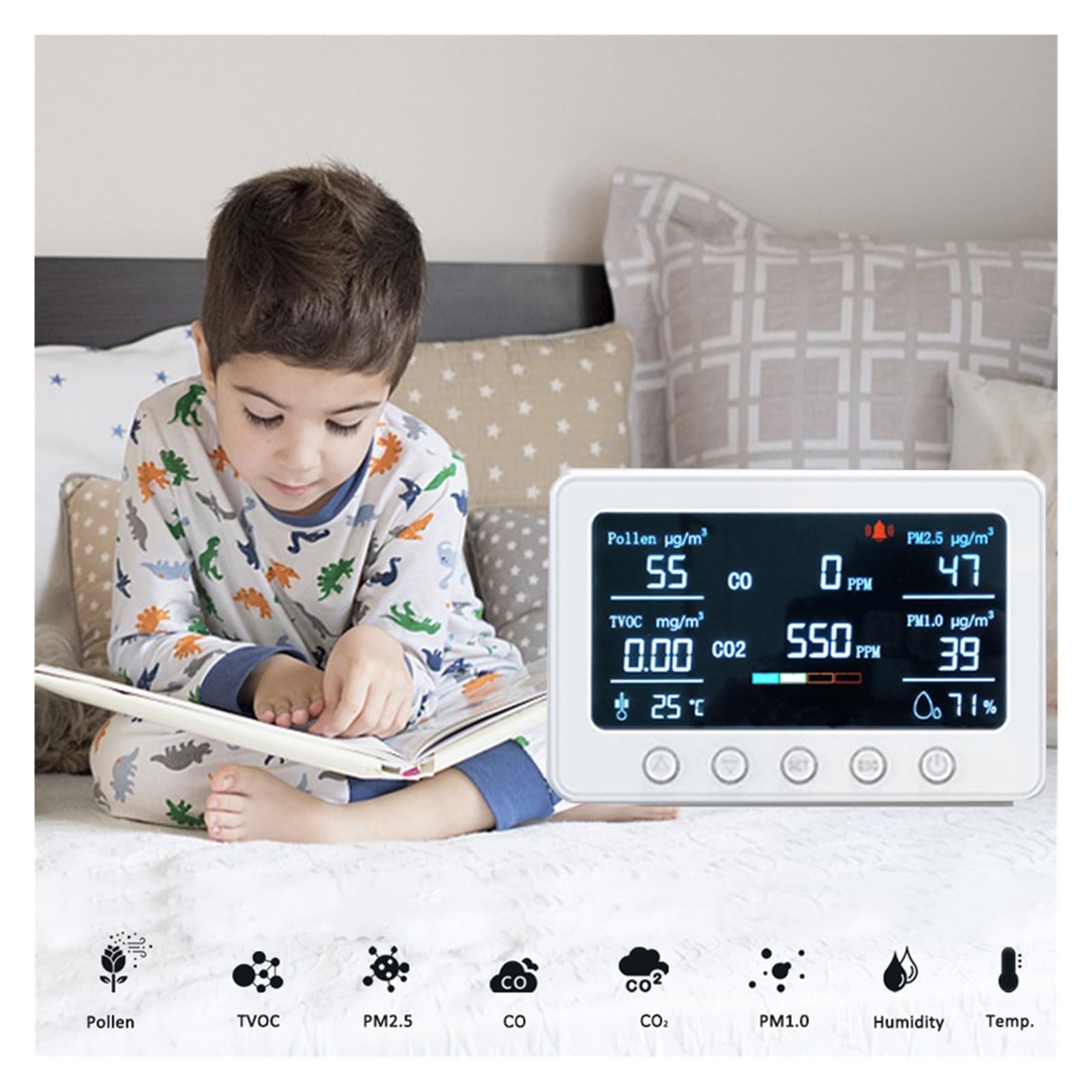 Rilevatore di gas, Monitor WiFi della qualità dell'aria Misuratore di temperatura e umidità 8 in 1 con sensore Smart Tuya NDIR di allarme