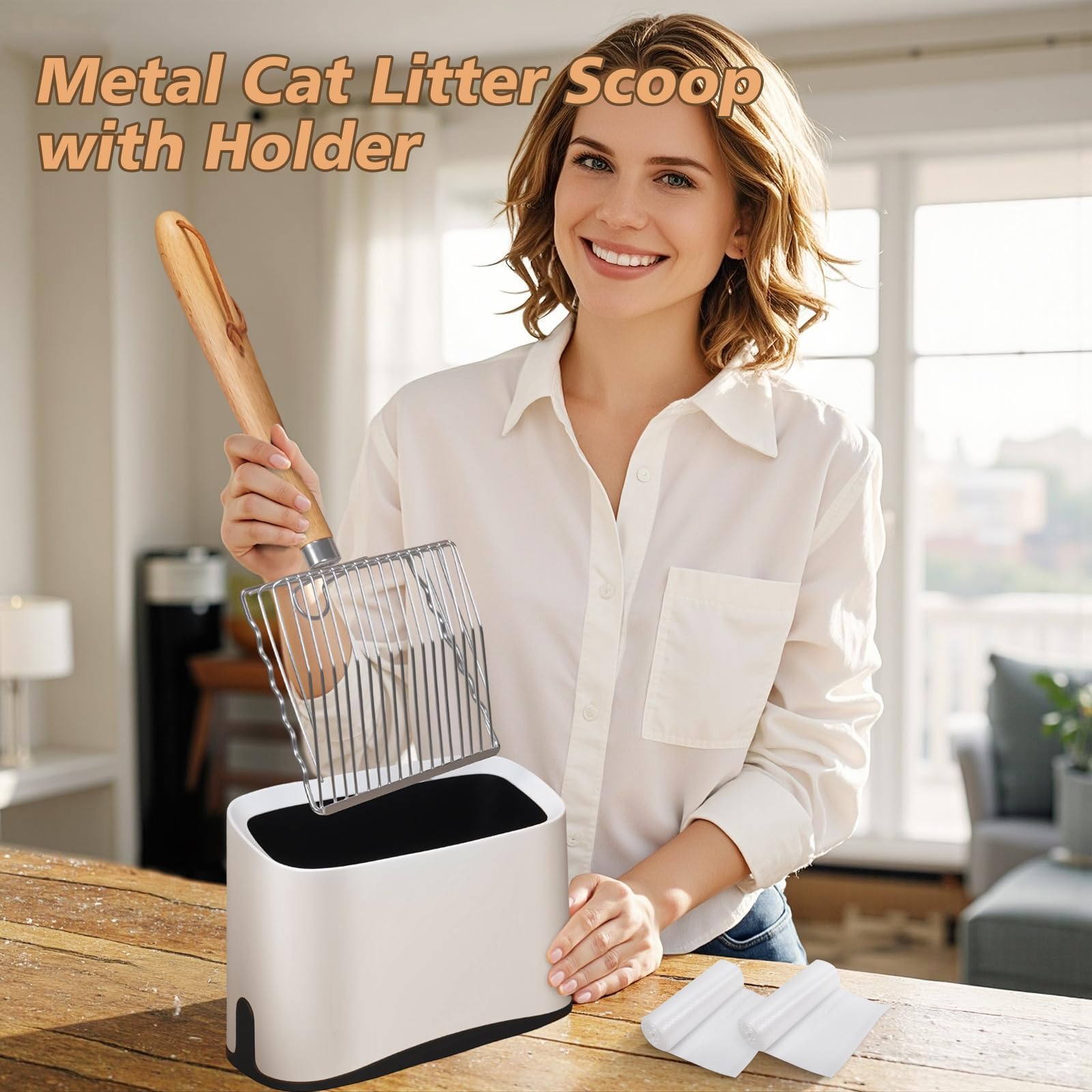 Metal Cat Litter Scoop with Holder, Poop Scooper with Stand and 2 Rolls of Garbage Bags, Heavy Duty Stainless Steel Shovel with Wooden, Quick Sifter for Easy Cleaning (Long handle-9.8" with Holder) - image 4