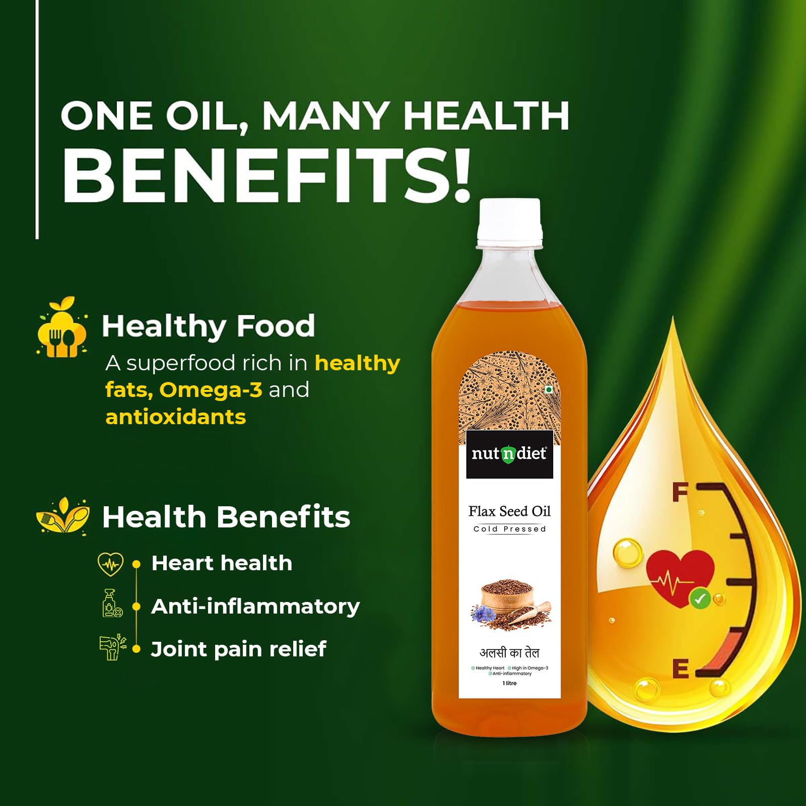 nutndiet Cold Pressed Flaxseed Unrefined Oil 100ml Glass Bottle | Alsi Ka Tel | Pure Omega 3-Rich for Heart Health & Immunity | Multipurpose Oil - Image 4 thumbnail