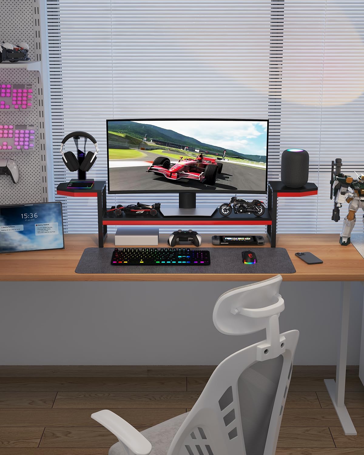 Monitor Stand for Desk, Wood and Steel Monitor Stand Riser with Side Storage Shelf, Height Adjustable Computer Stand for Computer/Laptop/PC/Printer, Black+Red