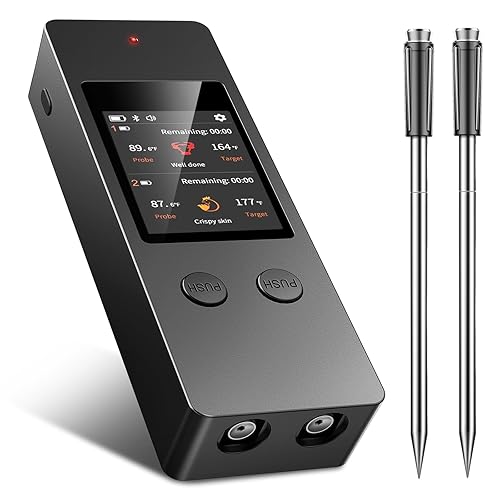 Termómetro inalámbrico Bluetooth para carne, no necesita aplicación, rango de 800 pies, sondas ultrafinas duales, IP67 impermeable, pantalla táctil