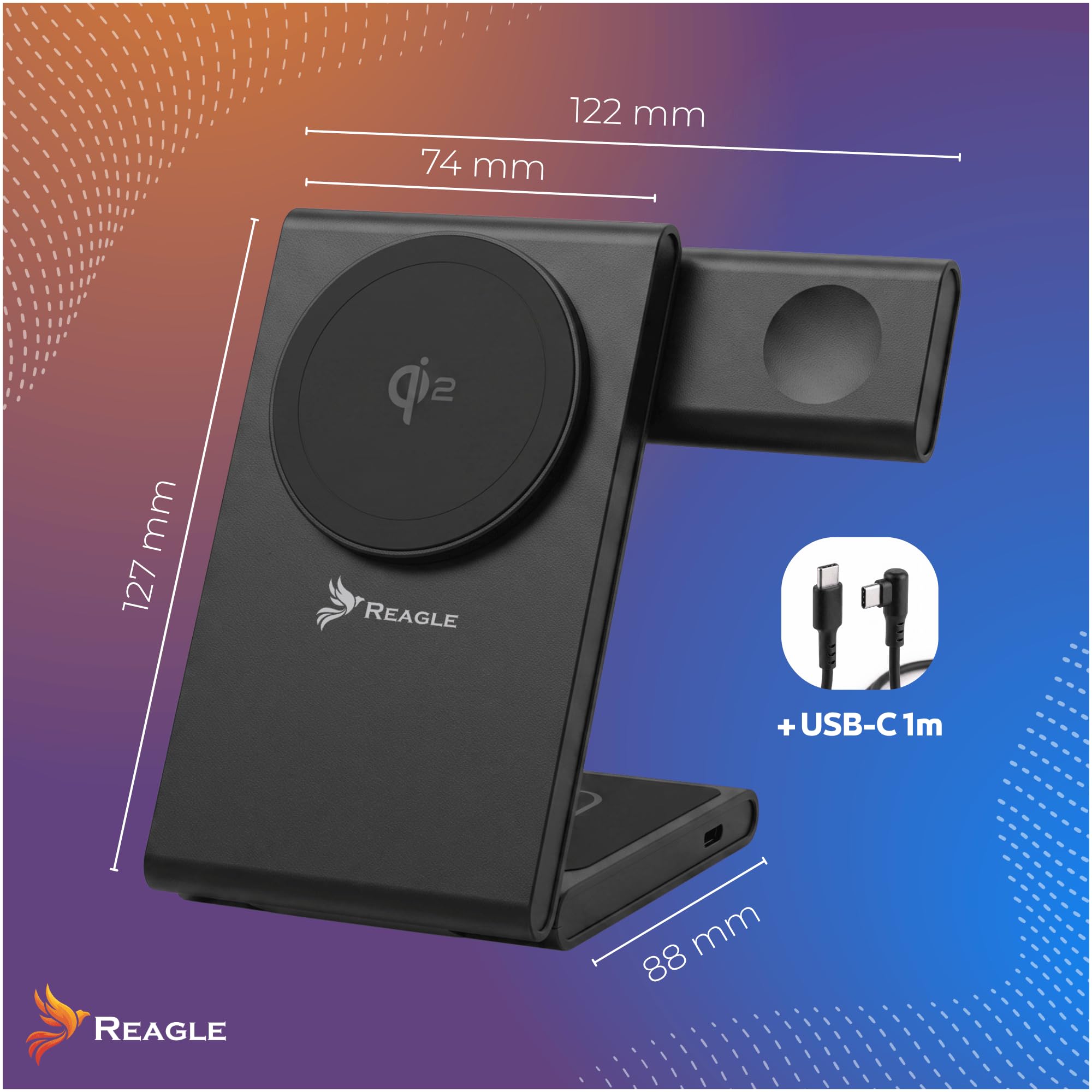 Reagle Stazione di Ricarica Wireless Qi2 3 in 1 15W, Caricatore Magnetico Pieghevole, Compatibile con iPhone 17/16/15/14/13/12, Apple Watch, AirPods, Samsung Galaxy e Pixel, Nero