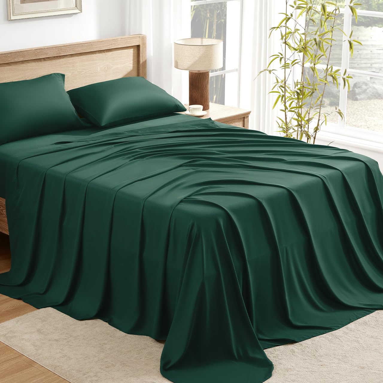 Bamboo Sheets Queen Size, 100% Viscose Derived, Cooling Queen Sheet Set, Deep Pocket Up to 16", Silky Soft Bed Sheets, Hotel Luxury Breathable Bedding Sheets & Pillowcases, Dark Emerald Green