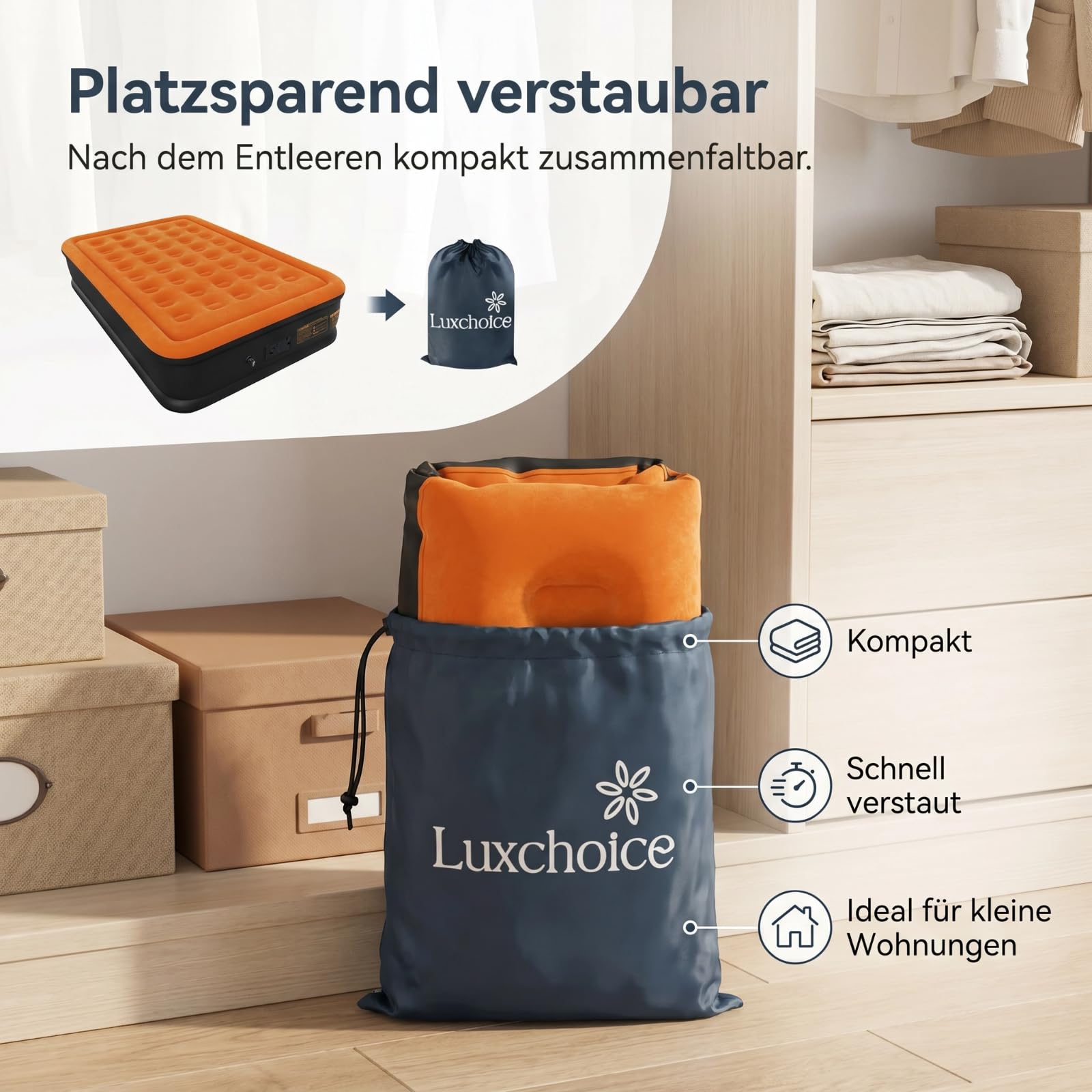 Luxchoice Luftbett 2 Personen Selbstaufblasend mit Elektrischer Pumpe 203×152×40cm 300KG