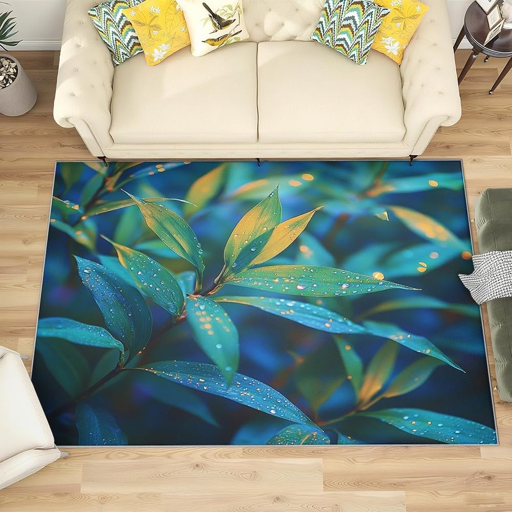 Generisch Dywan z nadrukiem liści roślin, miękki, antypoślizgowy, nadaje się do prania, 180 x 240 cm, niebiesko-zielony, łatwy w pielęgnacji, z krótkim włosiem, odporny na zabrudzenia dywan do salonu