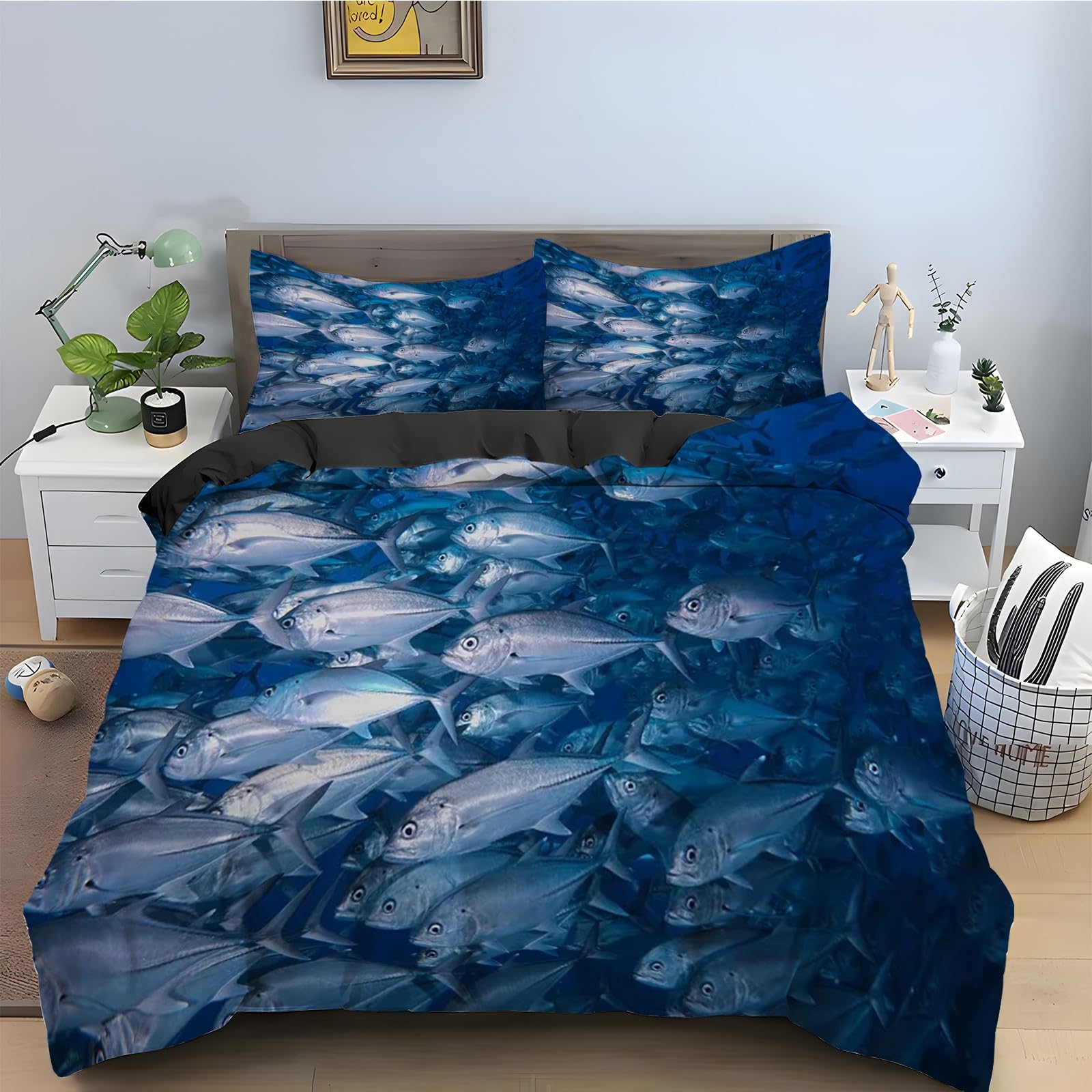 Housse de couette 220x240 sardine ensemble de literie ocean 3 pieces finitions zip