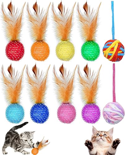 PET SHOW Paquete de 10 juguetes para gatos, bolas de lana para gatos, bola interactiva de plumas de malla, juguete de cuerda para gatos de interior,