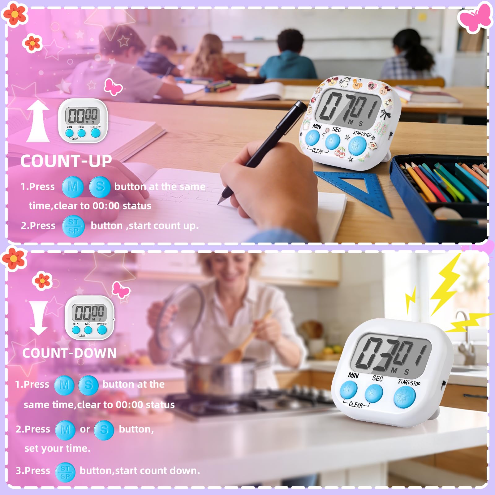 24 timer elettronico multifunzione da cucina, piccolo timer digitale da cucina con adesivi retro magnetico per cucina, aula studio, palestra, con modalità conto alla rovescia/su, bianco