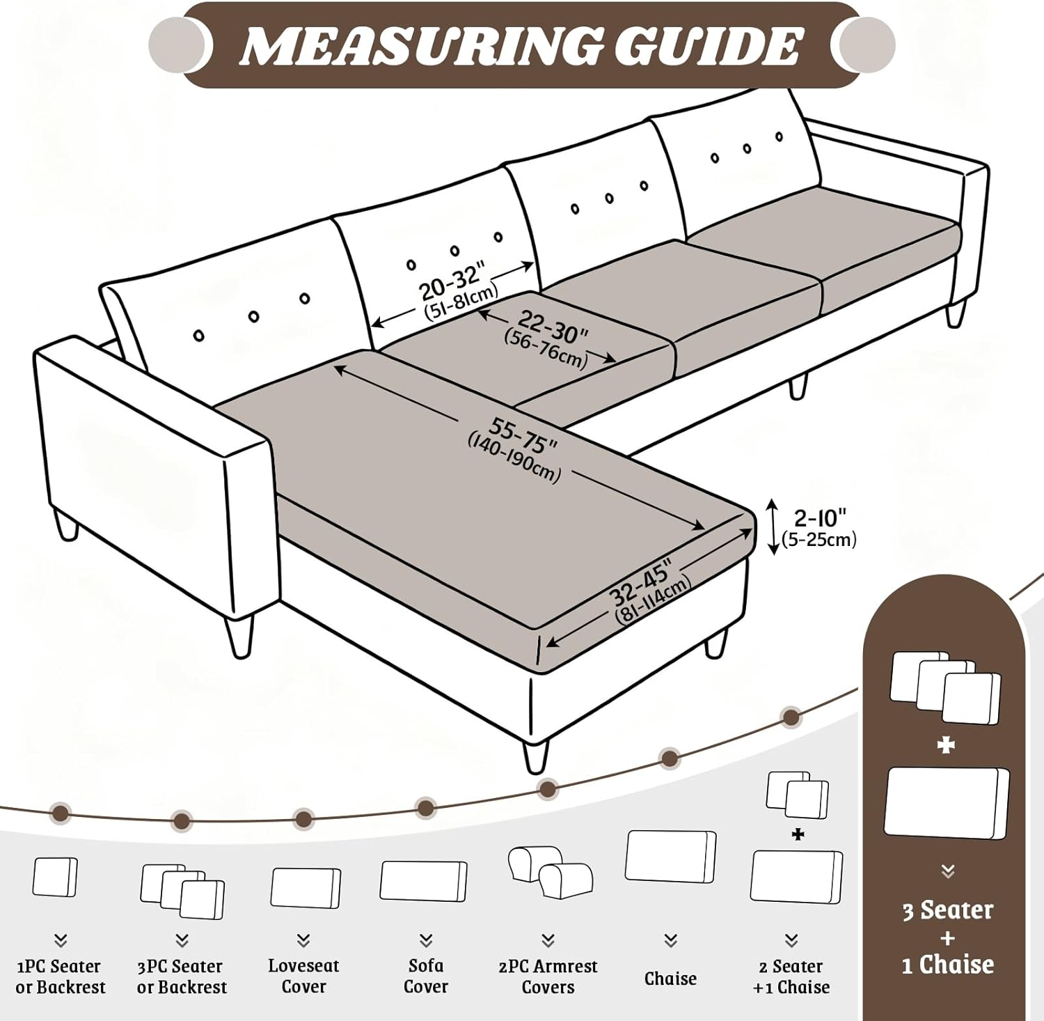 KinCam Sectional Couch Covers Stretch Couch Cushion Covers for L Shaped Couch Cover, Sofa Cushion Covers Washable 4 Pieces Sectional Covers Sofa Covers(3 Seater + 1 Chaise, Light Coffee)