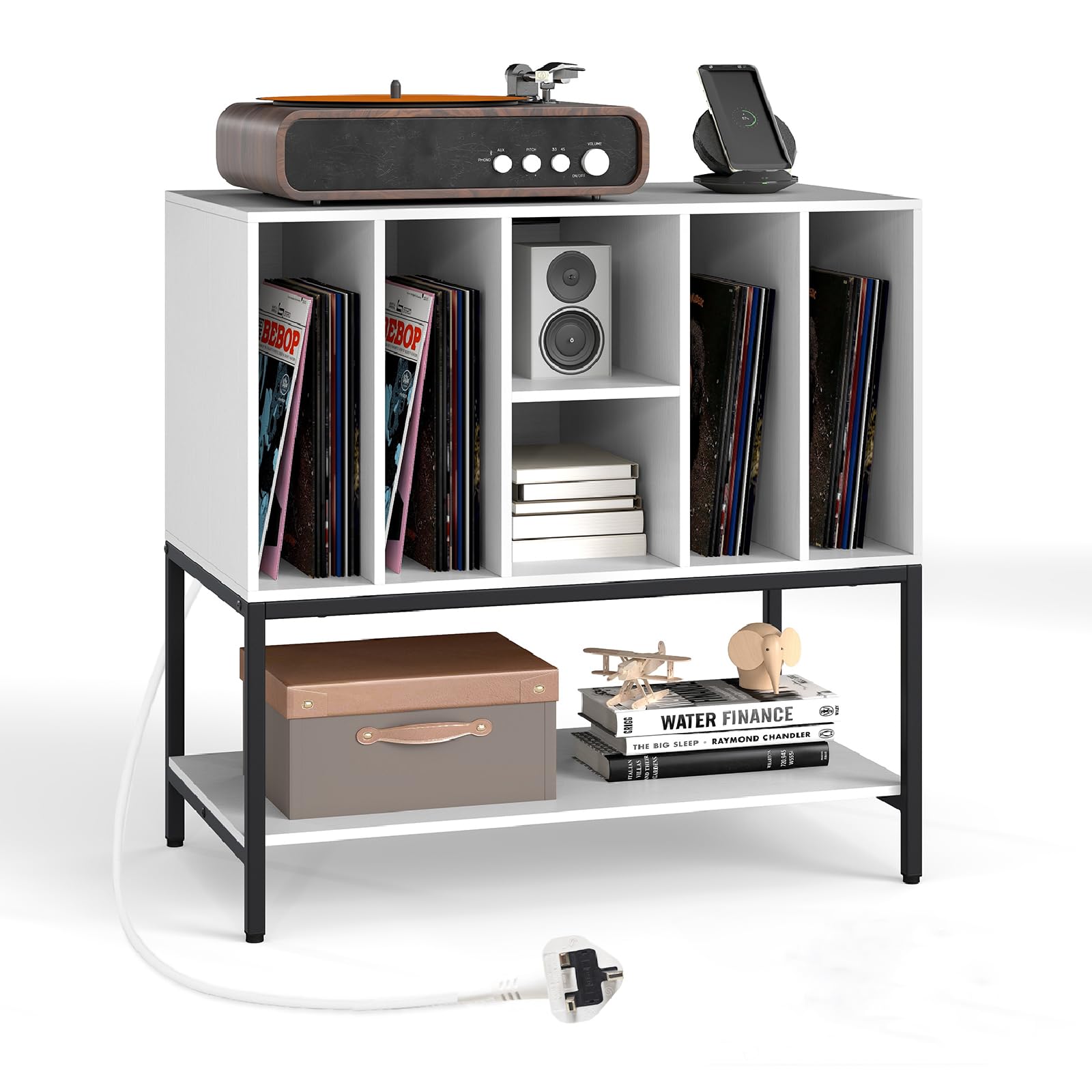COSTWAY Record Player Stand with Charging Station, Turntable Stand End Sofa Side Table with Open Shelves, Metal Frame Albums Vinyl Record Storage Cabinet Holder for Living Room Bedroom (White)