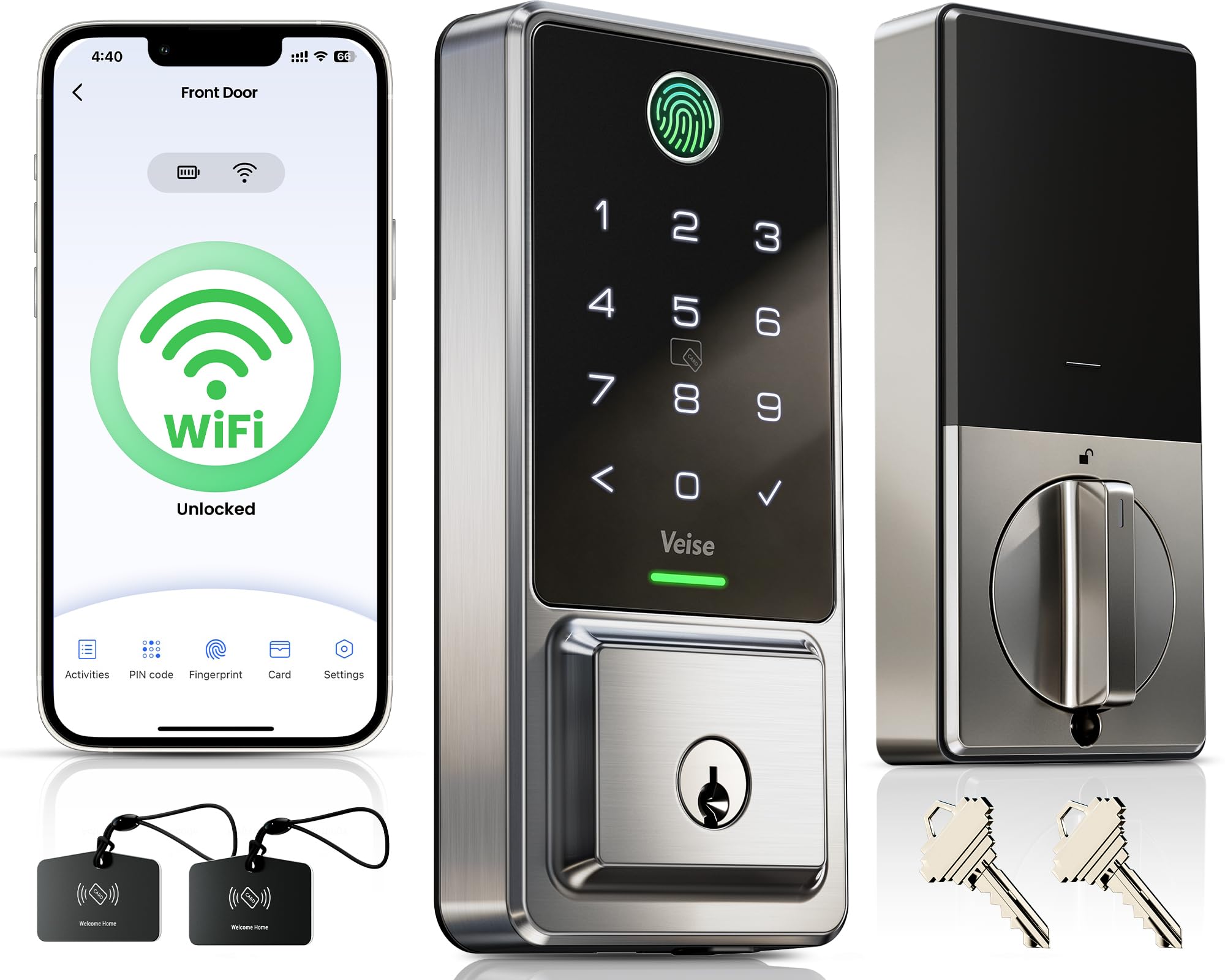 Voice & Remote App Control, Instant Alerts, Built-in Wi-Fi, 2 Fobs, Backlit Touchscreen Keypad, Auto Lock, IP65 Weatherproof Veise DK027 Wi-Fi Smart Deadbolt Fingerprint Front Door Lock, Satin Nickel