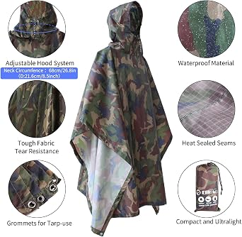 ElifeAcc Waterproof Adult Rain Poncho–Lightweight Packable Cape for Hiking&Festivals Reusable Military Camo Tarp Usable as Emergency Shelter Ground Sheet