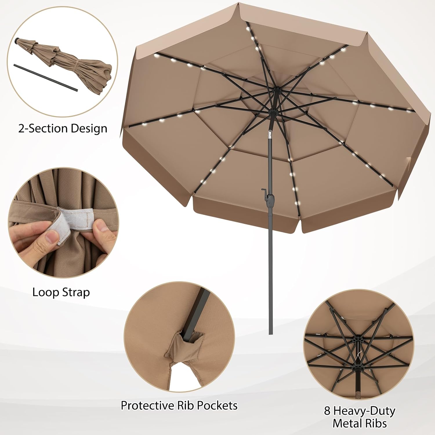 LDAILY Moccha Patio Umbrella with Solar Lights - 10 FT 3-Tiers Table Market Umbrella with 32 LED Lights, Tilt Adjustment, 8 Ribs & Crank Lift, Scalloped Outdoor Umbrellas for Backyard Pool Deck