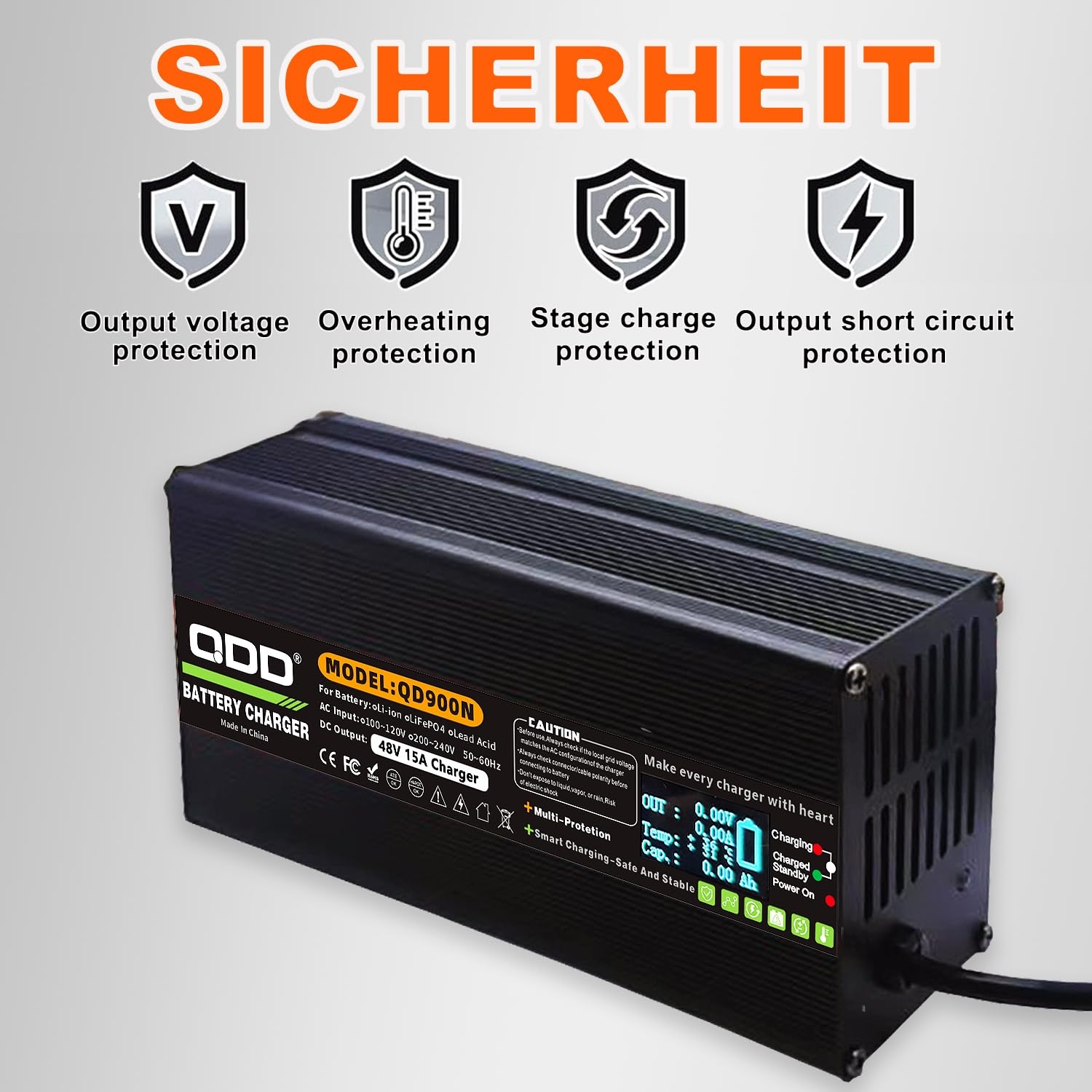 QDD Club Car Chargeur de batterie 48 V 15 A pour chariot de golf 48 V avec affichage numérique, prise ronde à 3 broches