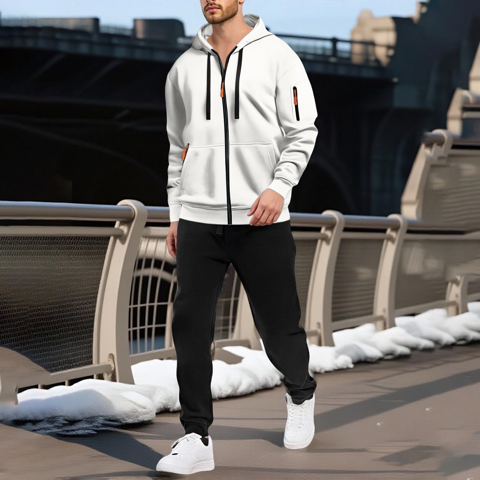 Tuta da jogging da uomo multitasche con cappuccio, tinta unita, traspirante, felpa e pantaloni della tuta, set per abbigliamento sportivo casual e relax invernale