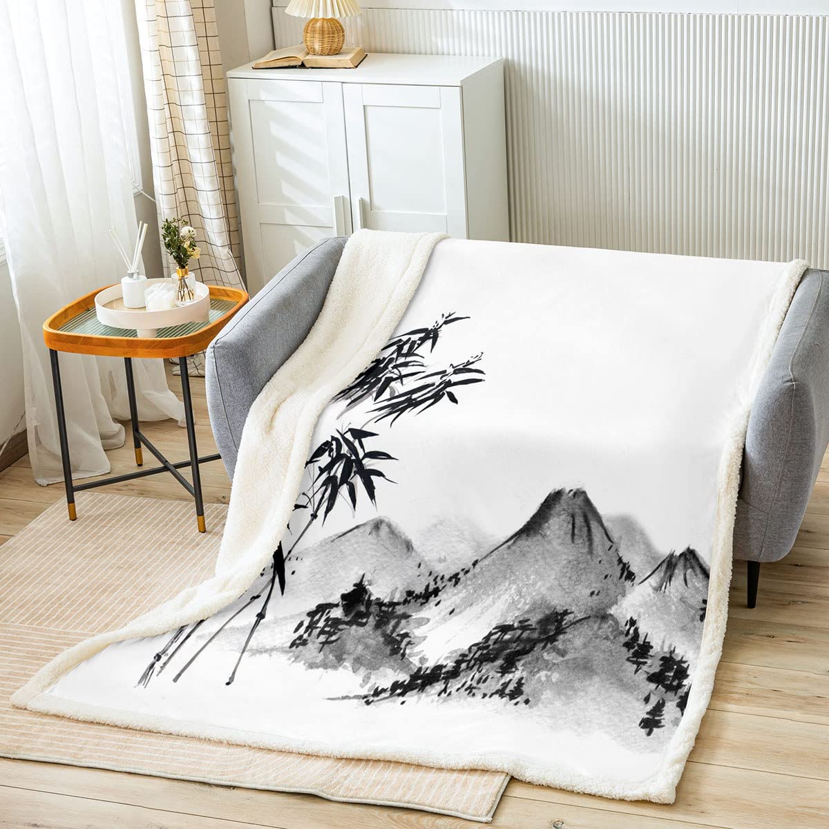 Homemissing Girls Multicolored 10 Bamboo Fleece Throw Blanket Ink Bamboo Mountain Fuzzy Blanket For Sofa Bed Kids Women White Black Botanical Novelty Vivid Sherpa Japanese Ukiyoe,Double 60X79 Inch