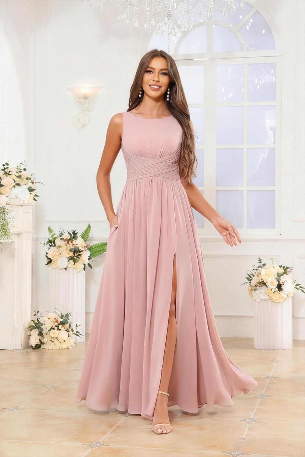 Women's A-line Pleated Chiffon Bridesmaid Dress with Slit Pleated Scoop Neck Long Evening Formal Dress with Pockets