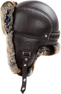Men's Brown Rabbit Fur Leather Aviator Russian Ushanka Trapper Winter Fur Hat for Outdoor Warm Hat Gift Ideas for Men