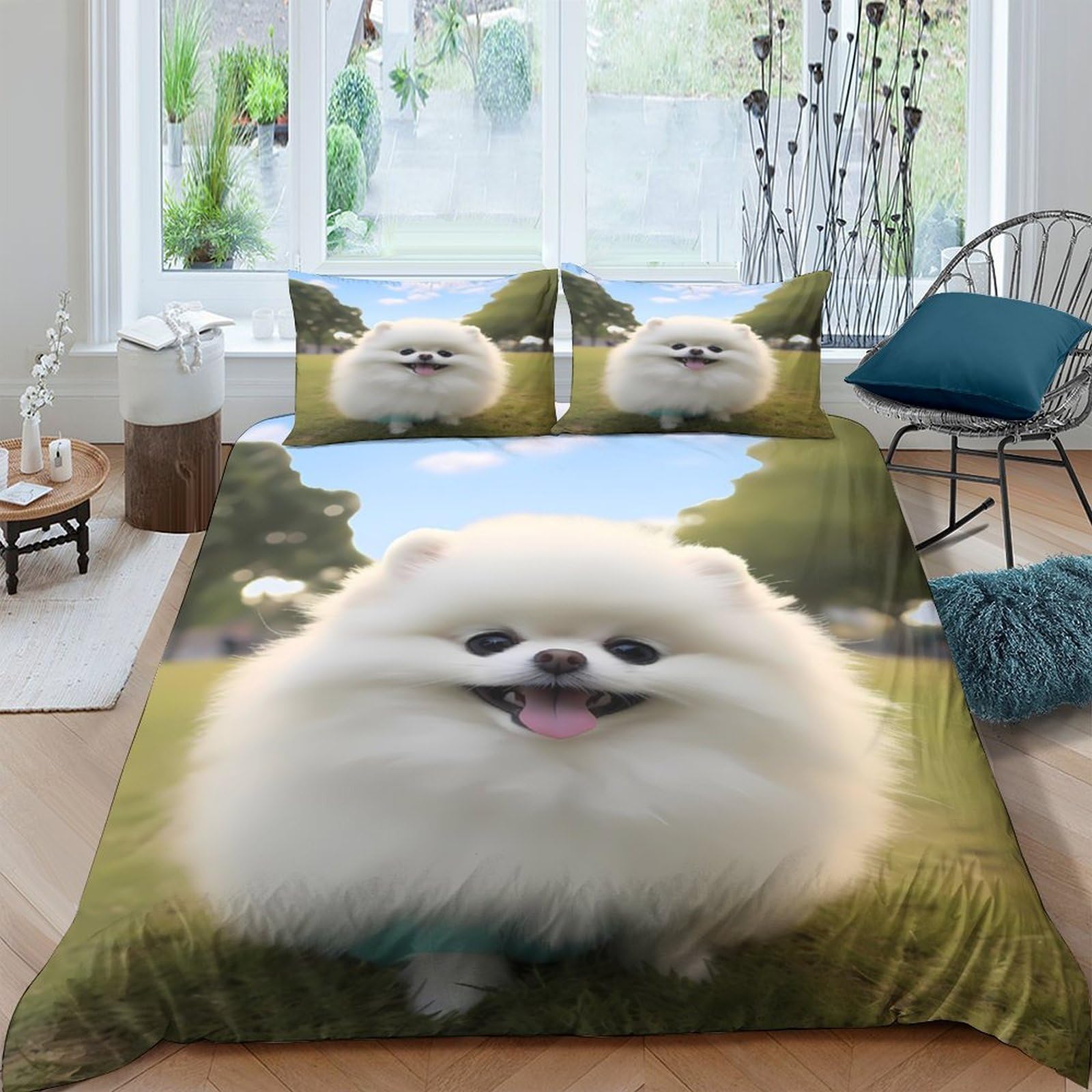 Ctjqhvkz Style-9 3D Printed Fluffy Pomeranian Fitted Sheet Microfiber Soft Dog Pattern Bed Cover For Bedroom Guest Room Easy Care Single（135X200cm）