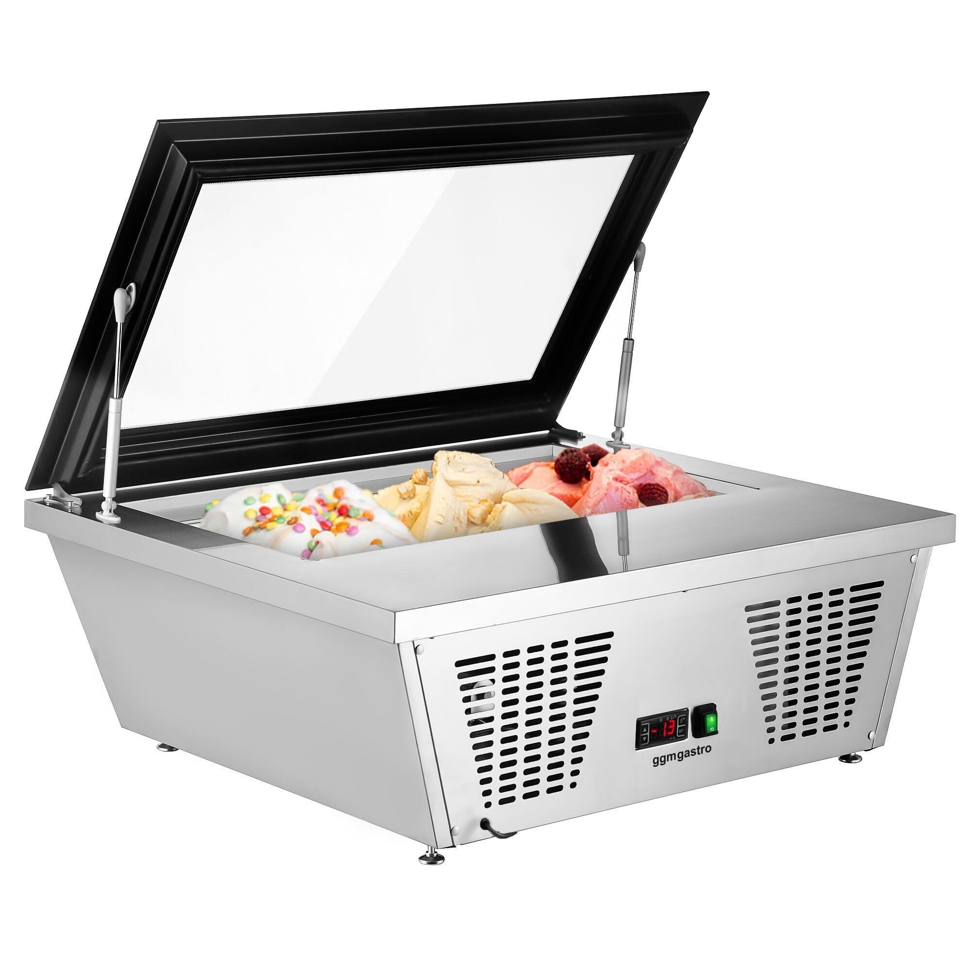 GGM Gastro | EAVNR87N | Tisch-Eisvitrine - 870mm - Statisch - für 4x 5 Liter Eisbehälter - gerader Deckel - Deckelöffnung zur Bedienseite