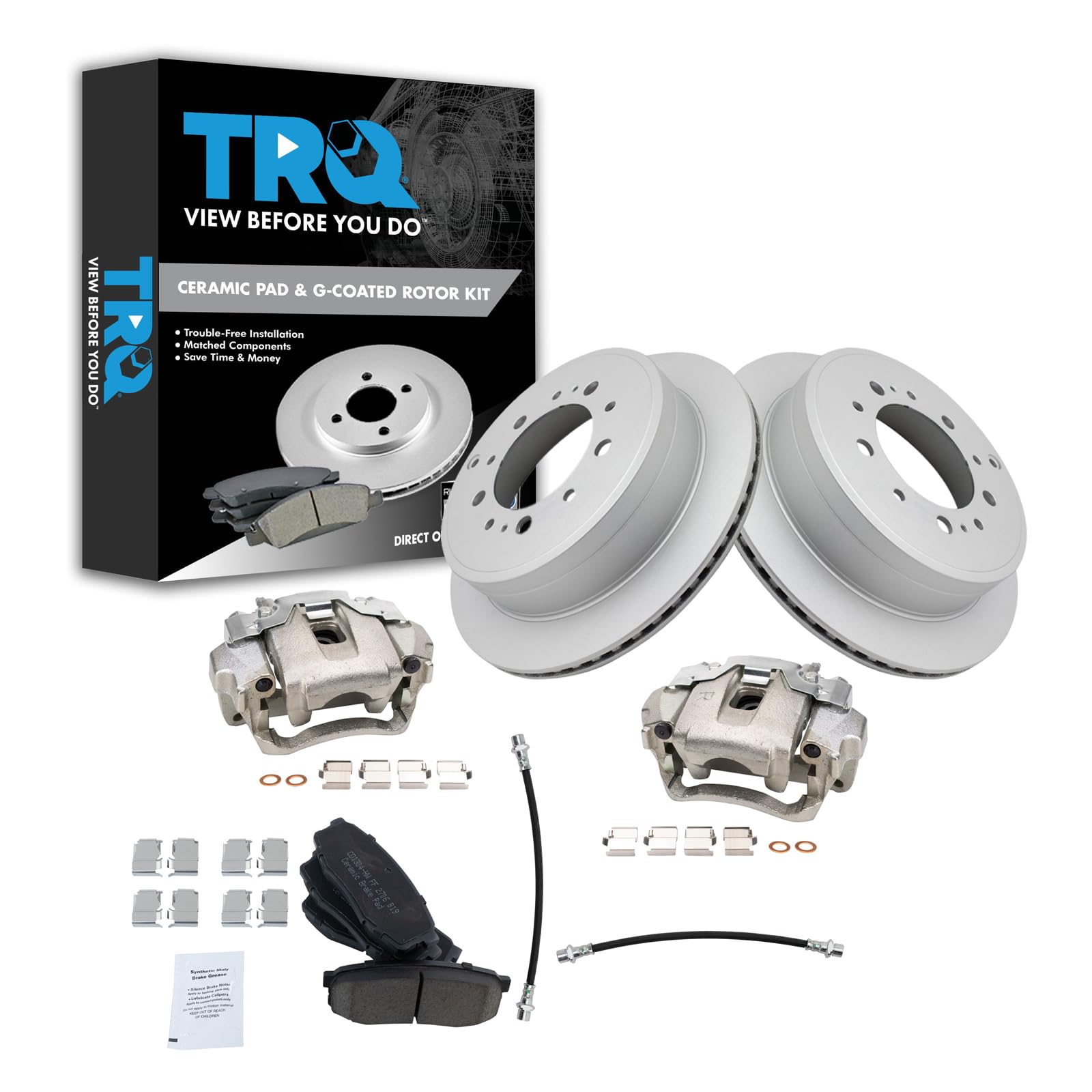 TRQ Rear Brake Pad and Rotor Set Ceramic G Coated Rotors Calipers Hoses Compatible with 2013-2015 Lexus LX570 Land Cruiser