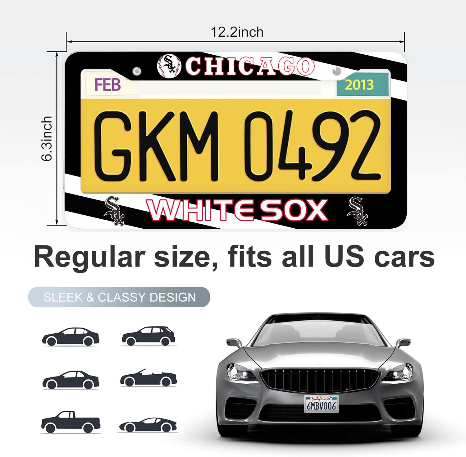 1PCS High-End Stainless steel Sports Team Fans License Plate Frames for White Sox,12 x 6 inches, for Car/Truck/SUV, Black All Over Chrome